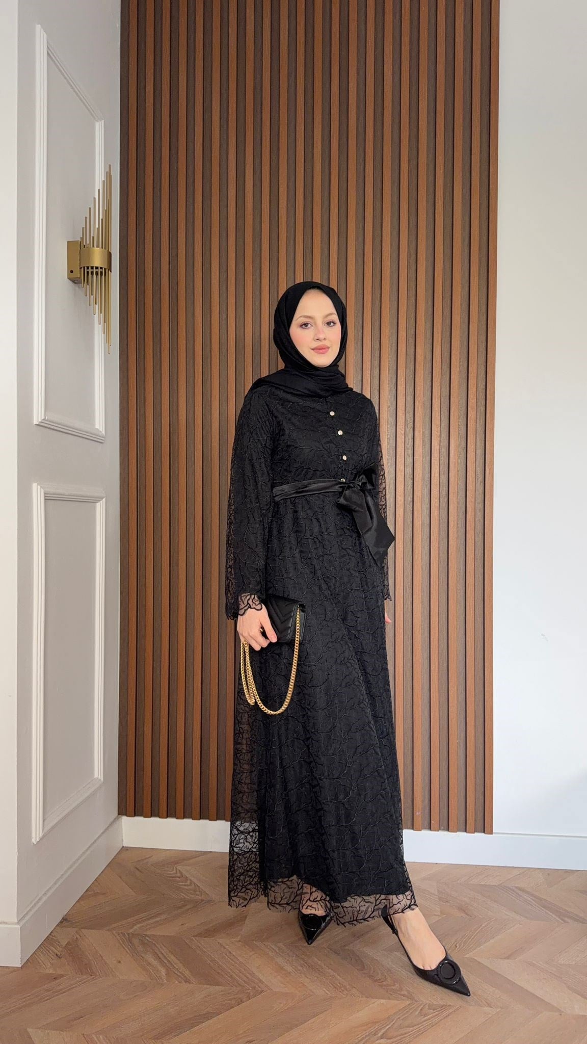 MEYSADESIGN ELBİSELER Gisha Dantelli Saten Kemerli Elbise Siyah