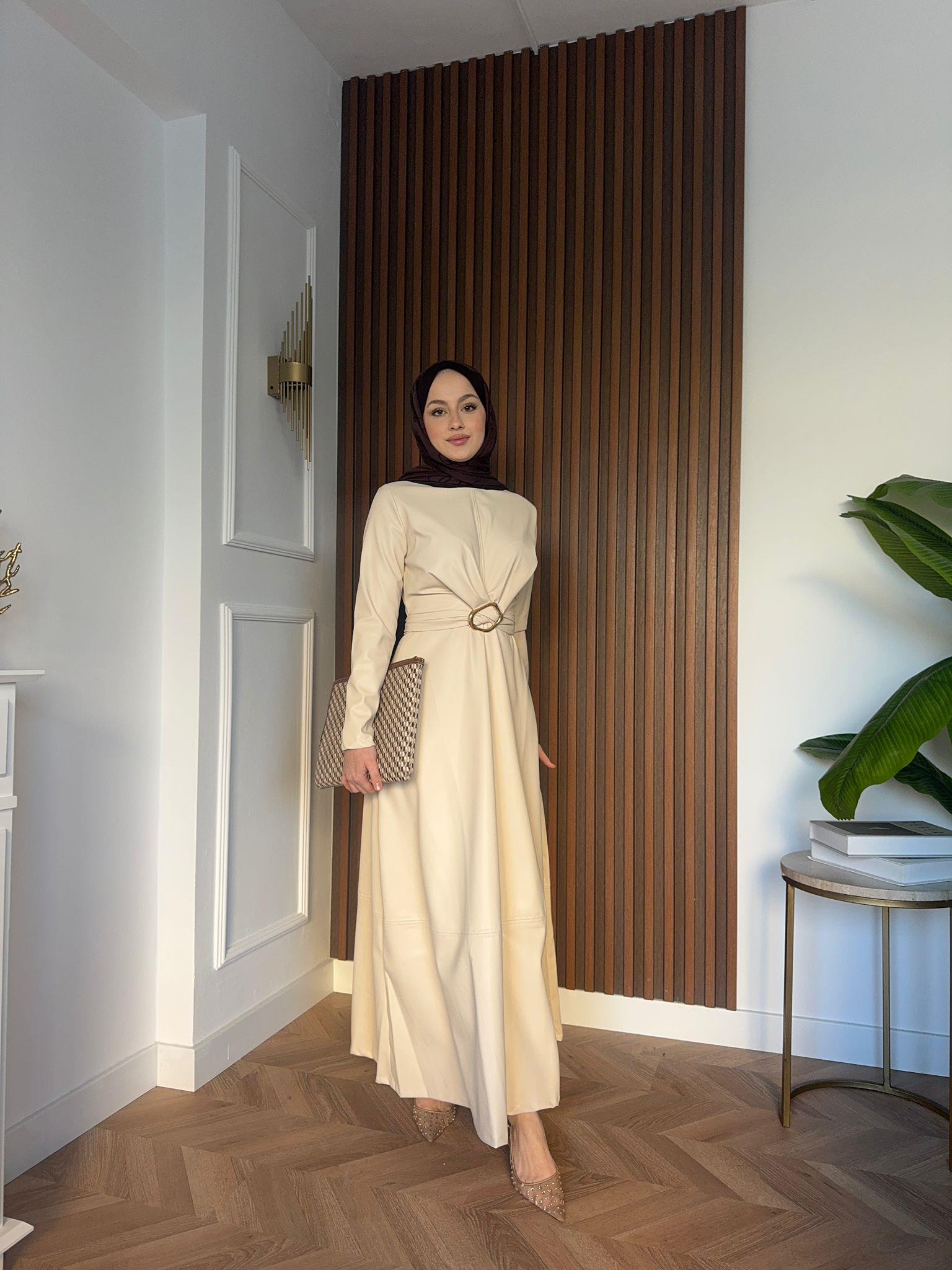 Gold Accessories Leather Dress Beige