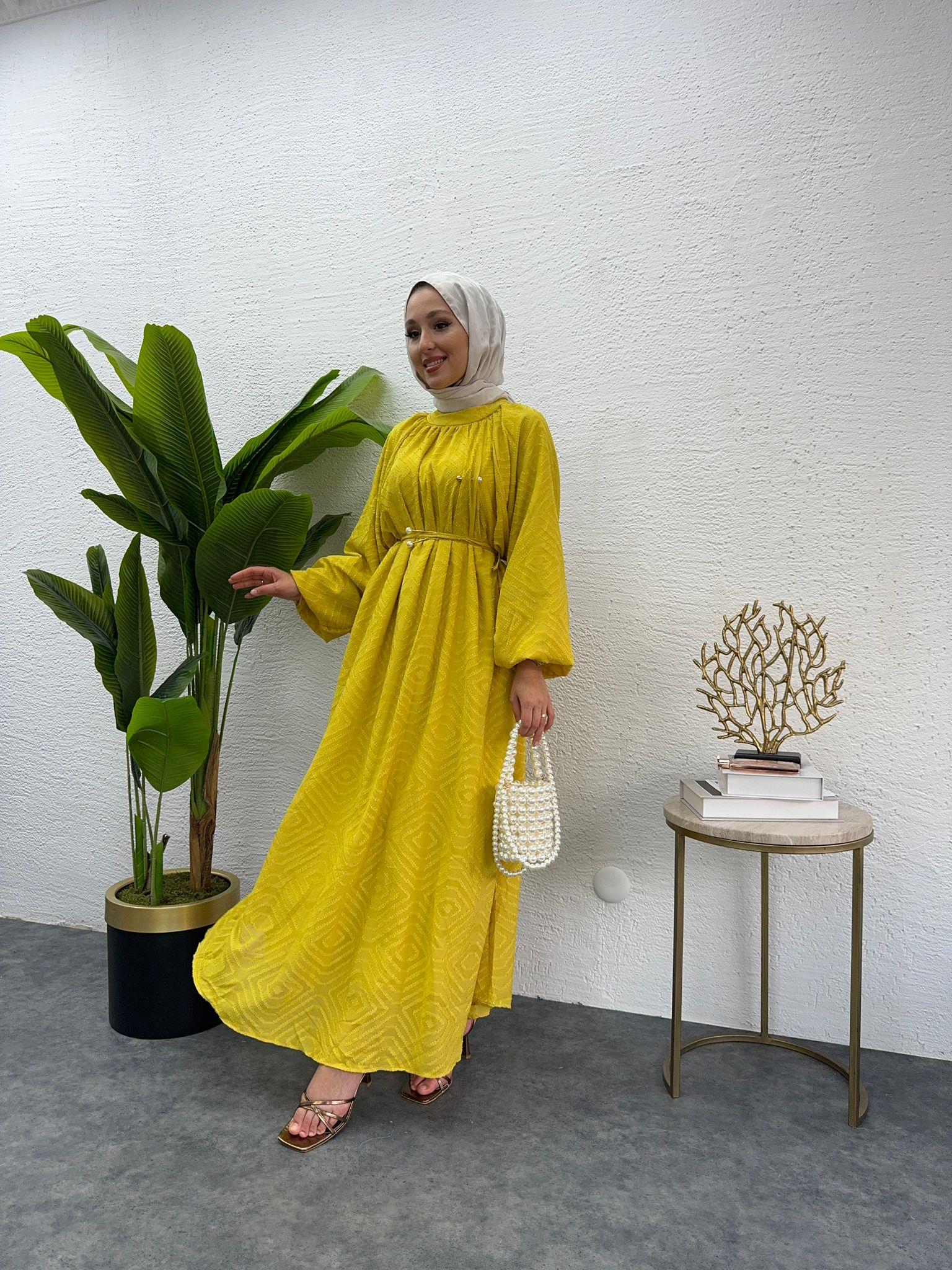 Pearl Belted Patterned Crepe Dress Mustard