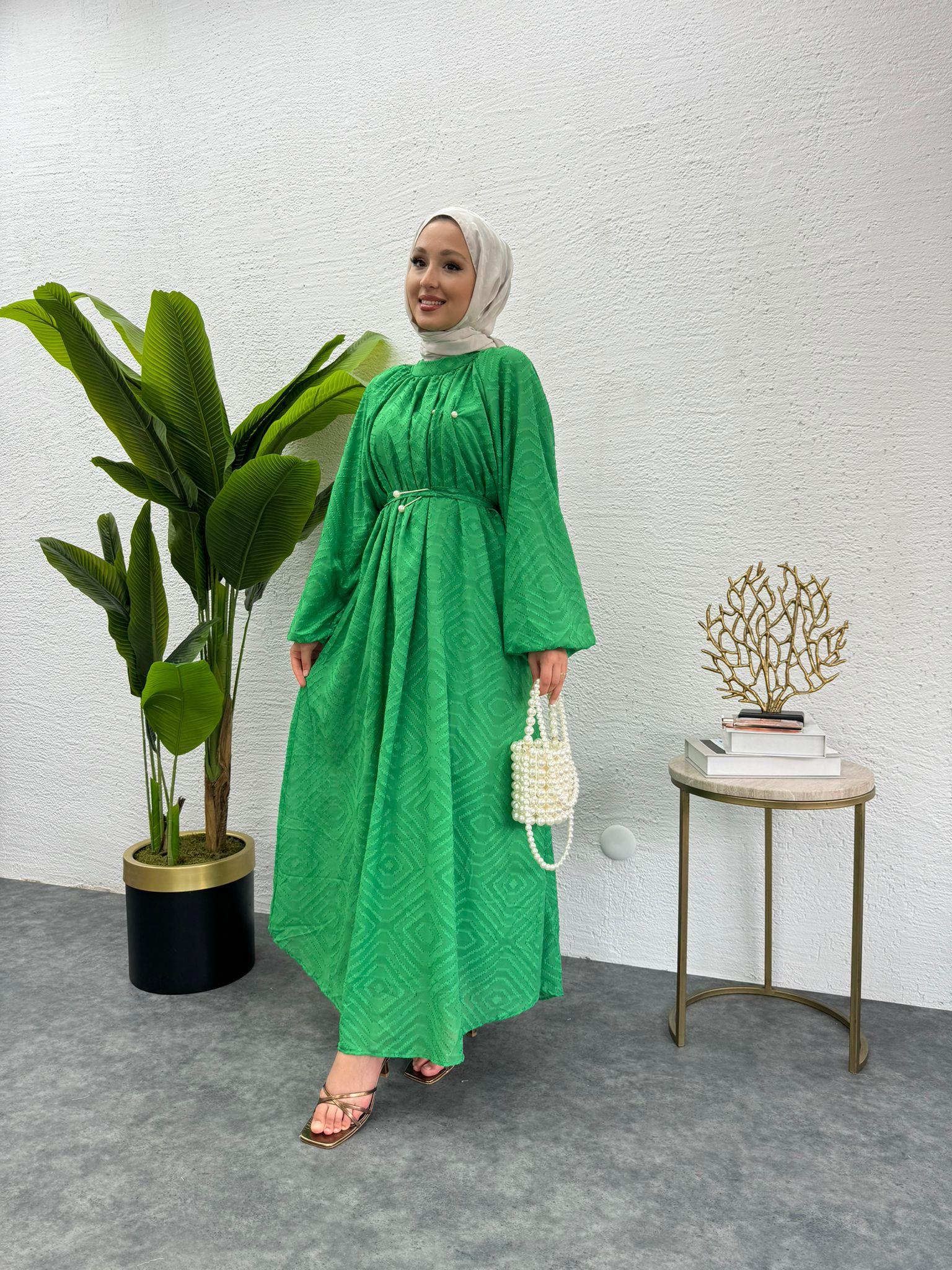 Pearl Belted Patterned Crepe Dress Green