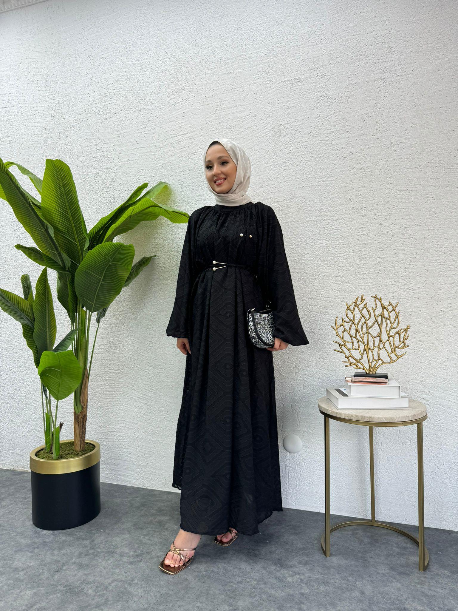 Pearl Belted Patterned Crepe Dress Black