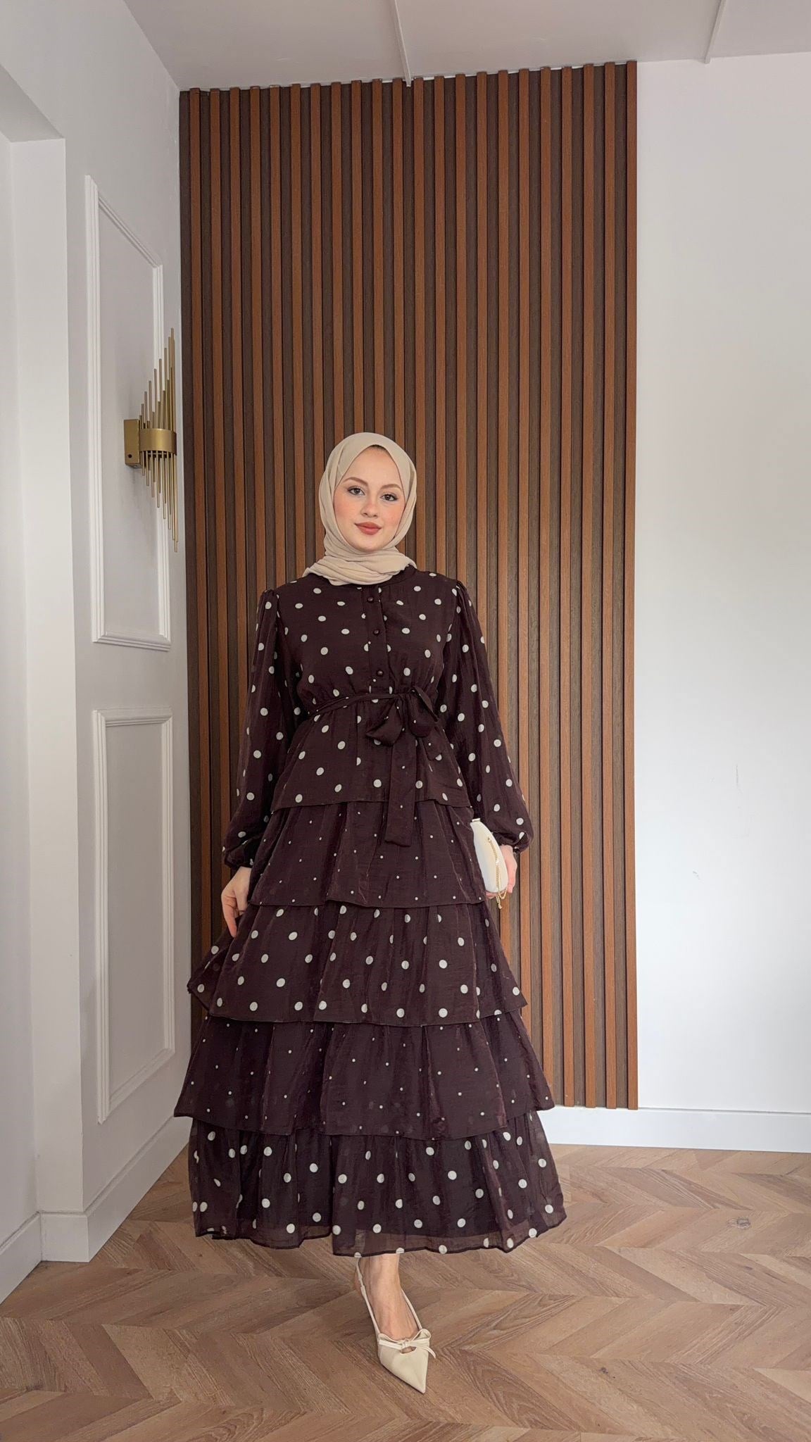 MEYSADESIGN DRESSES Kat Kat Puantiyeli Tensel Elbise Kahve