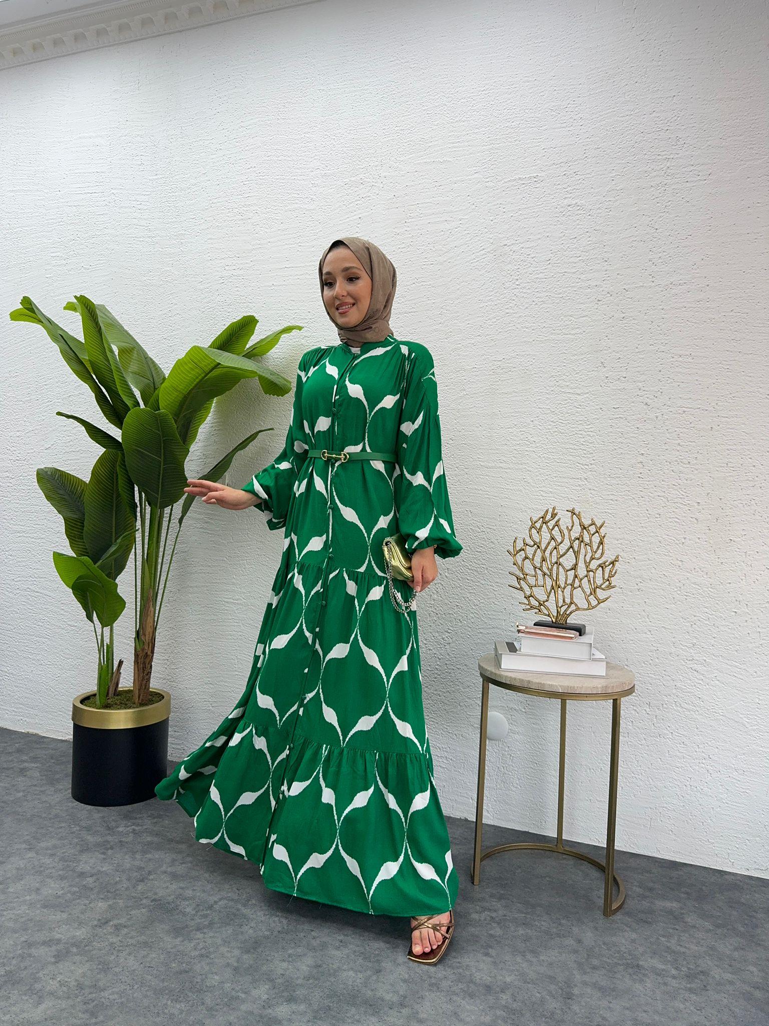 MEYSADESIGN ELBİSELER Kemerli Viskon Elbise Yeşil