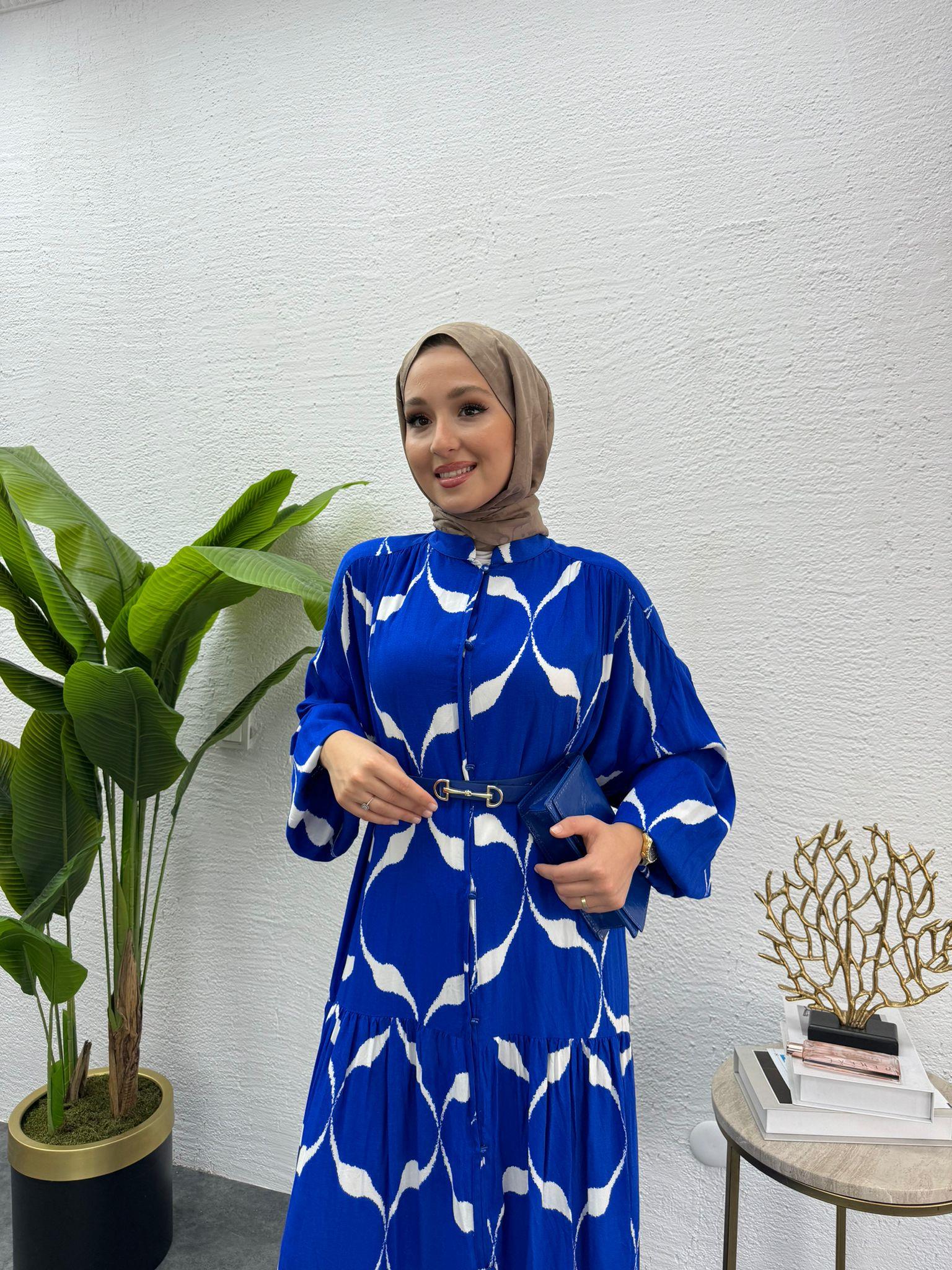 MEYSADESIGN ELBİSELER Kemerli Viskon Elbise Saks Mavisi