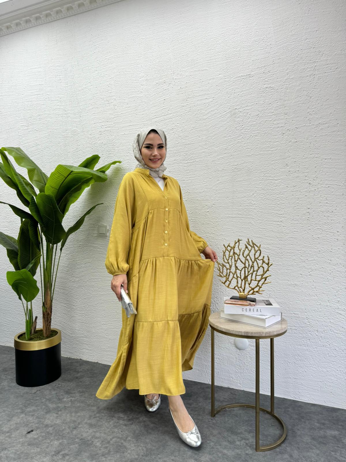 MEYSADESIGN ELBİSELER Keten Düğmeli Elbise Yağ Yeşili