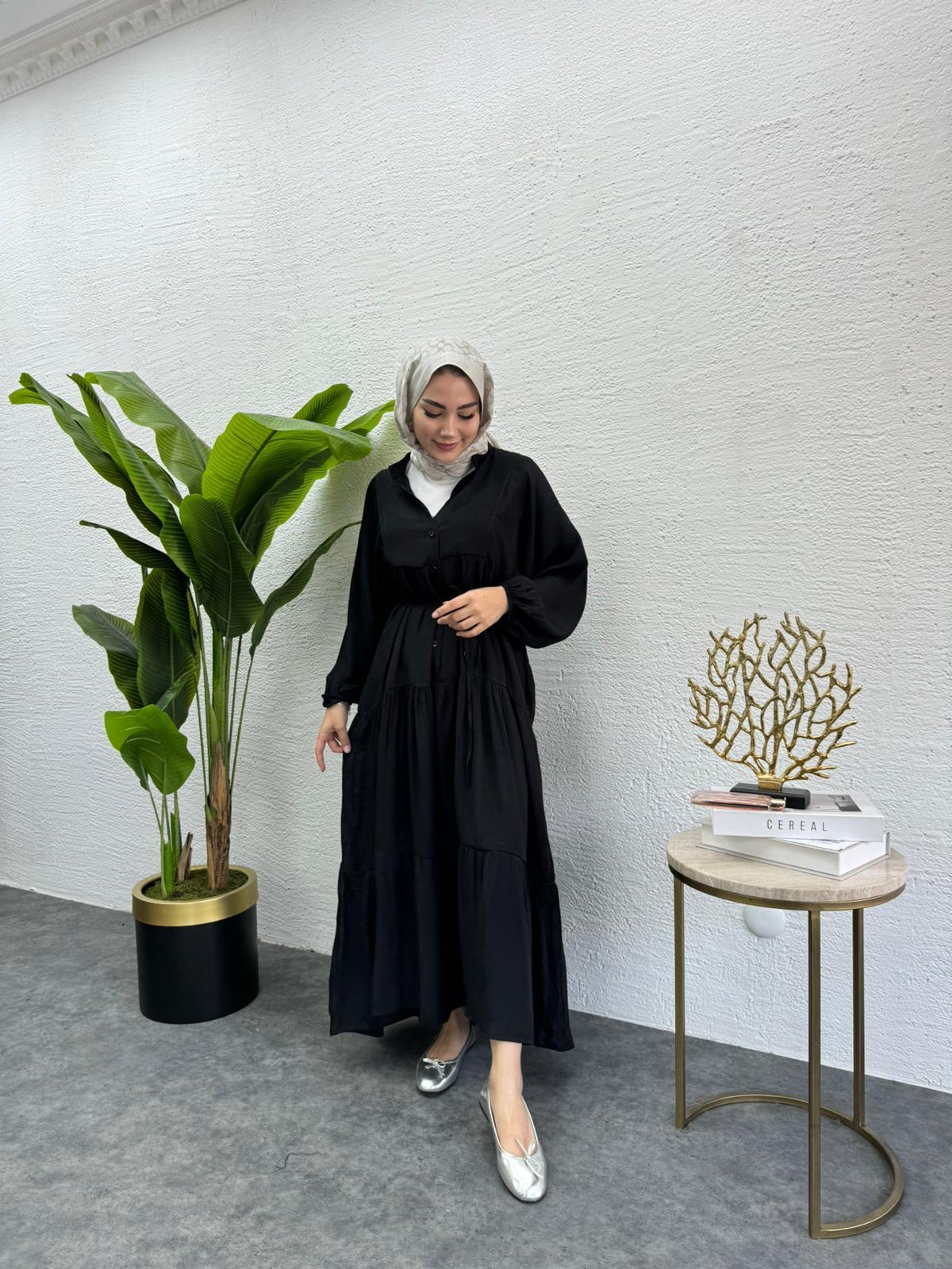 MEYSADESIGN ELBİSELER Keten Düğmeli Elbise Siyah