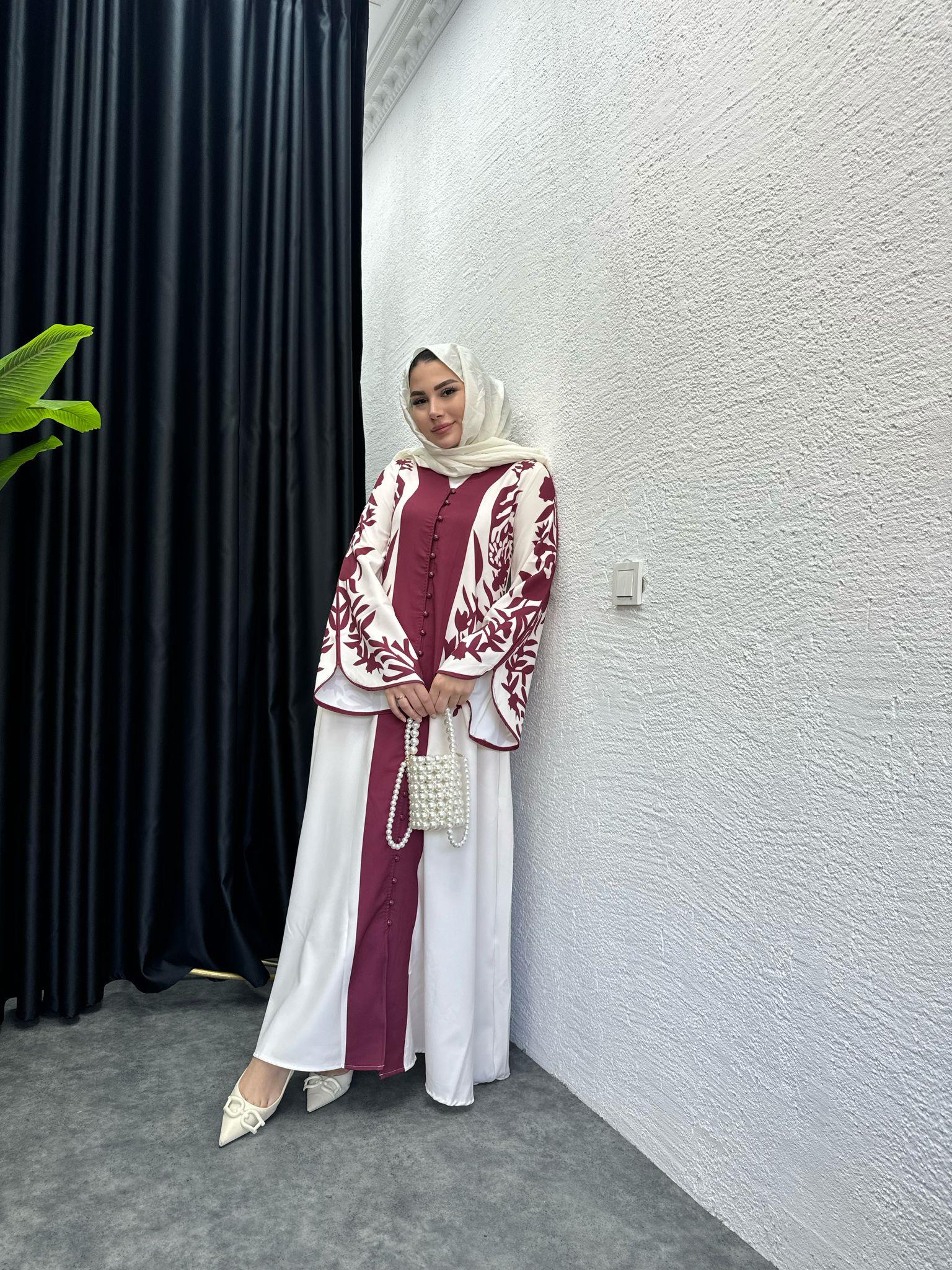 Sleeve Ucu Detail Motif Patterned Dress Burgundy