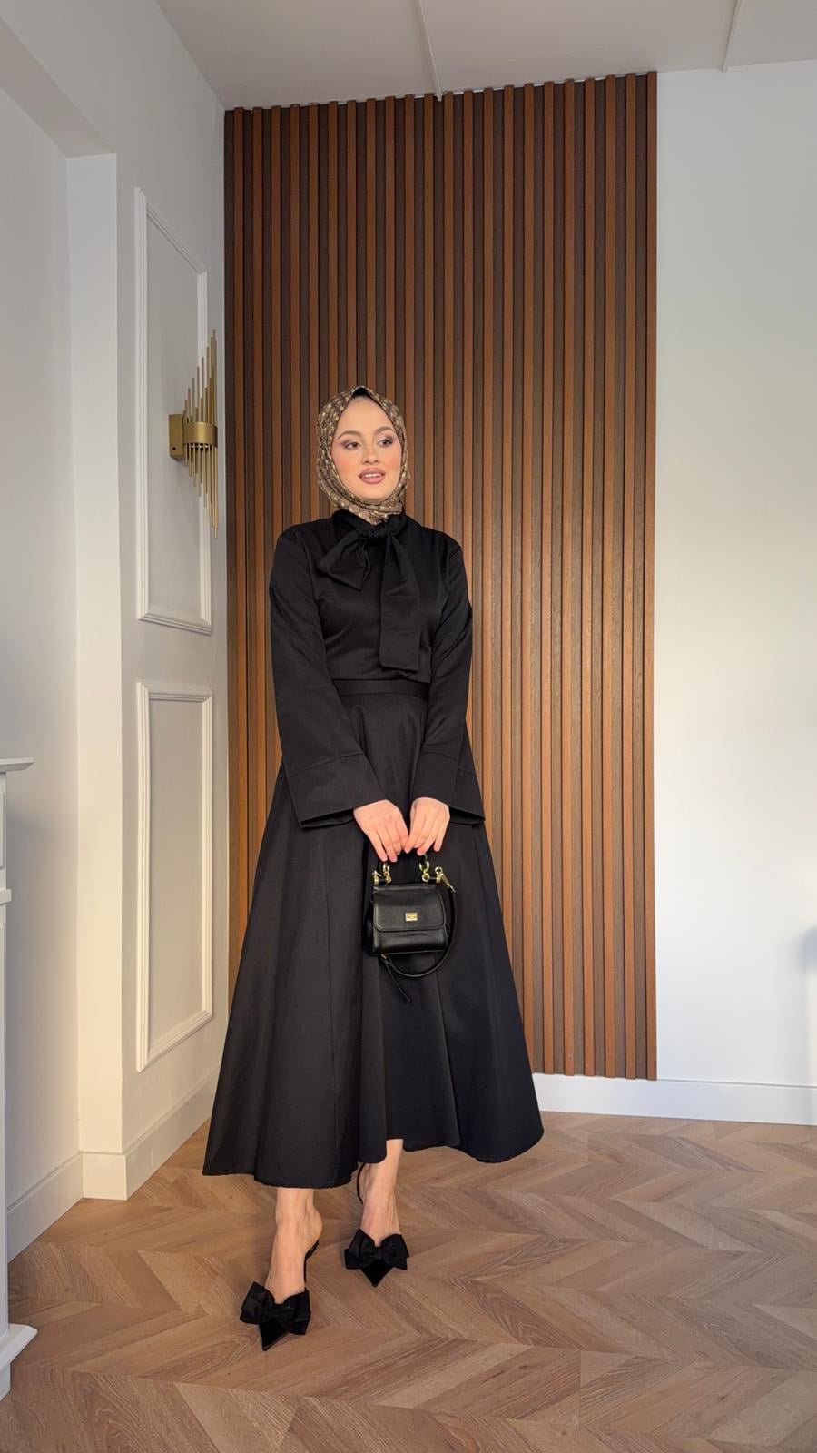 Waist-Tie Dress Skirt Set Black