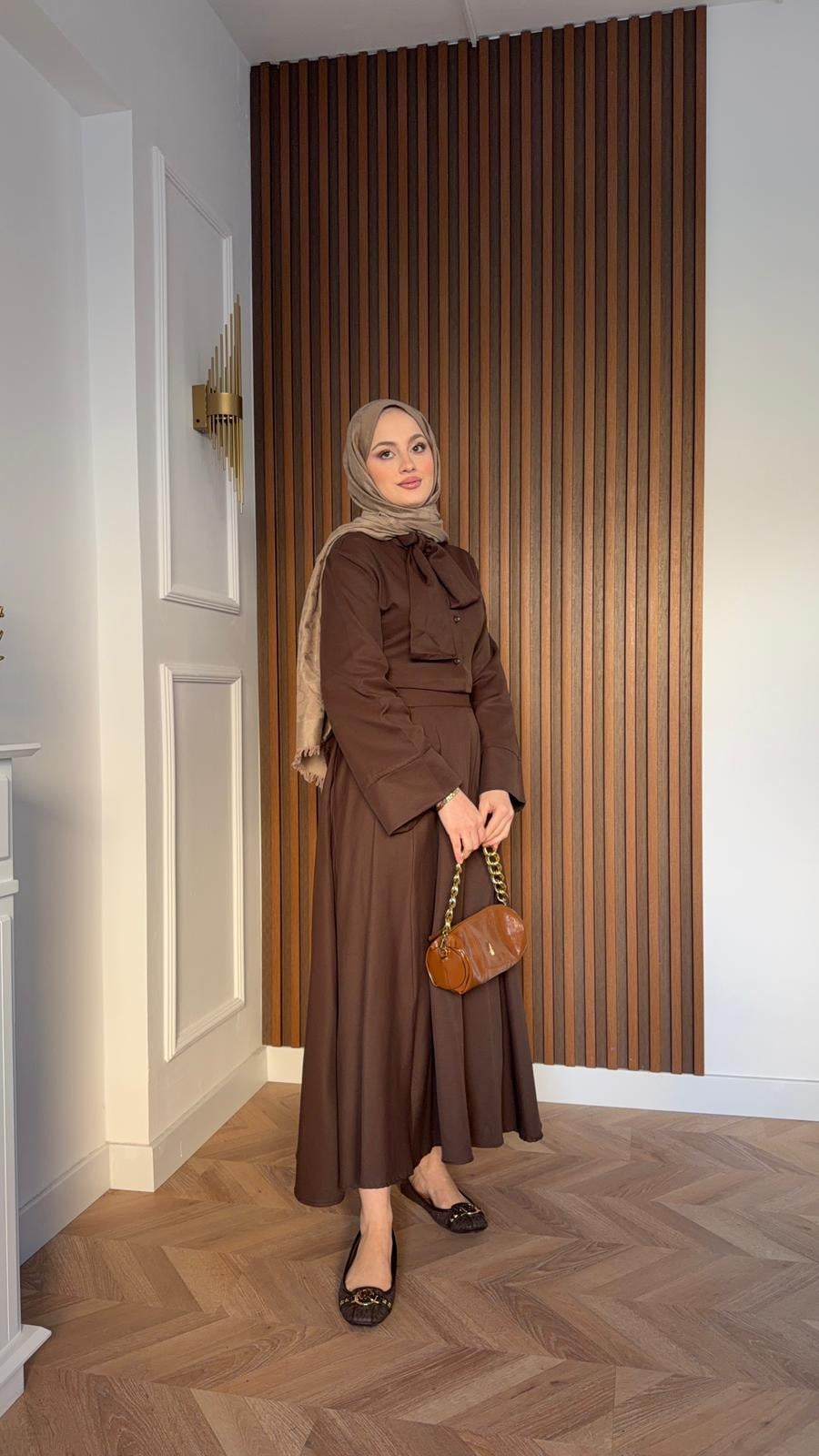 Waist-Tie Dress Skirt Set Brown