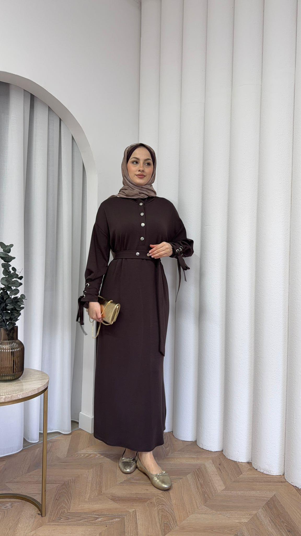 Button Detail Scuba Dress Brown
