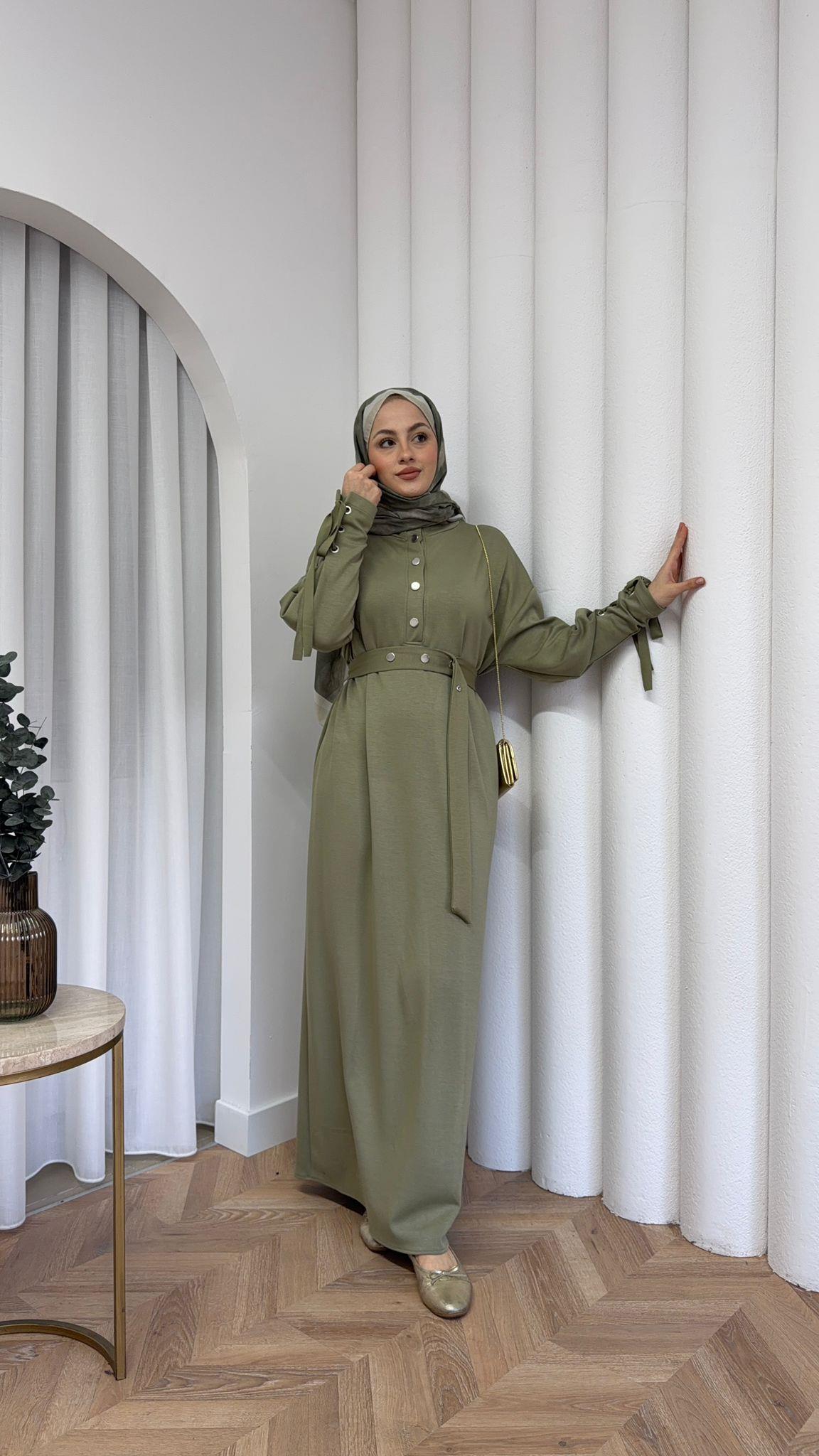 Button Detail Scuba Dress Khaki