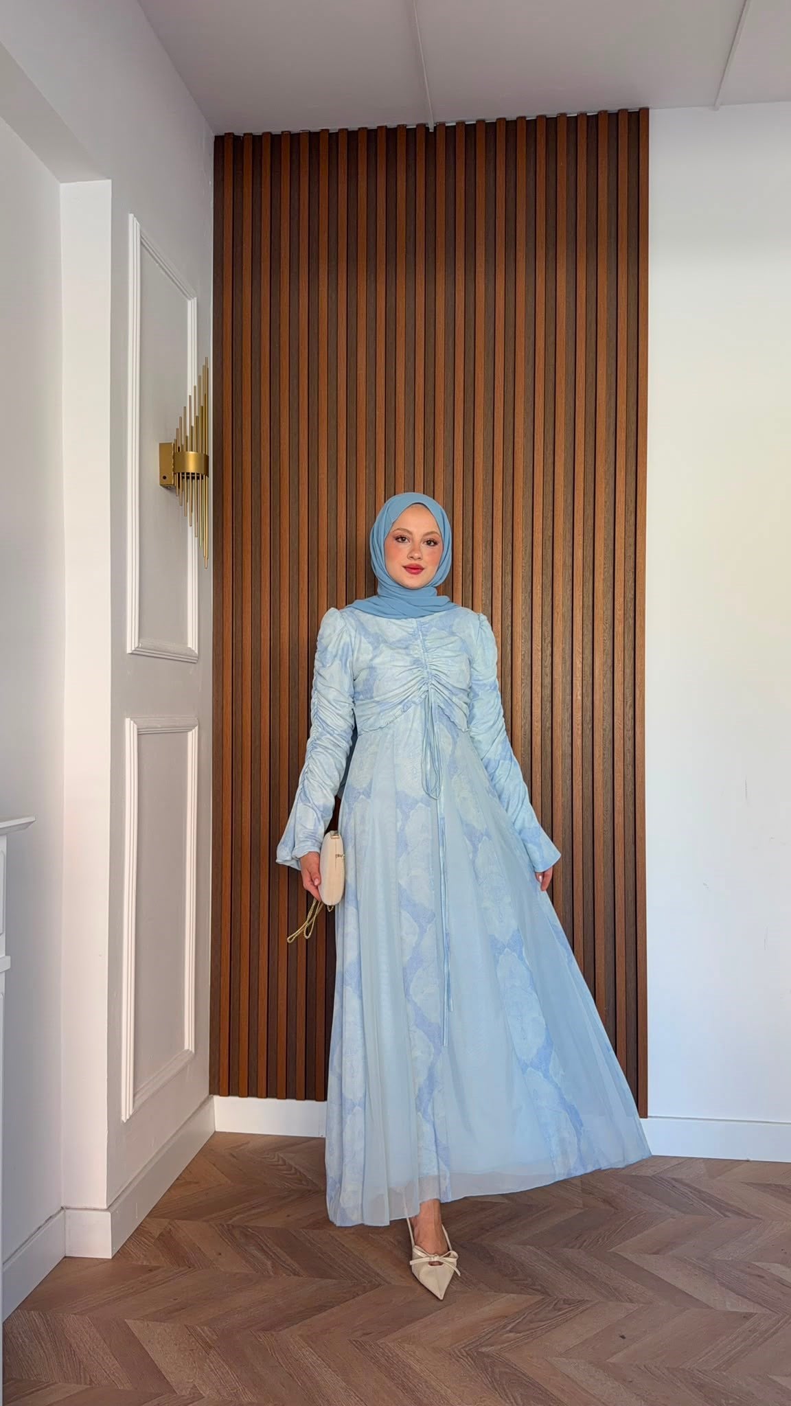 MEYSADESIGN ELBİSELER Lara Baskılı Desenli Şifon Elbise Bebe Mavisi