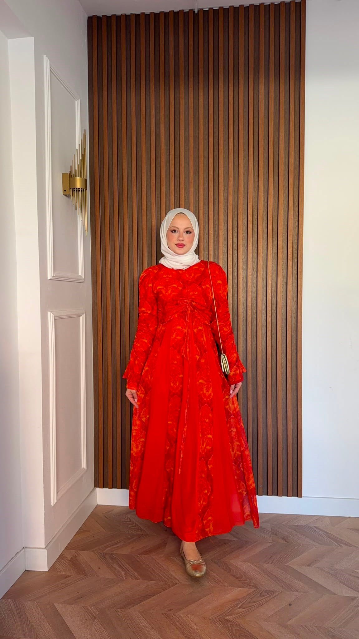 MEYSADESIGN ELBİSELER Lara Baskılı Desenli Şifon Elbise Turuncu
