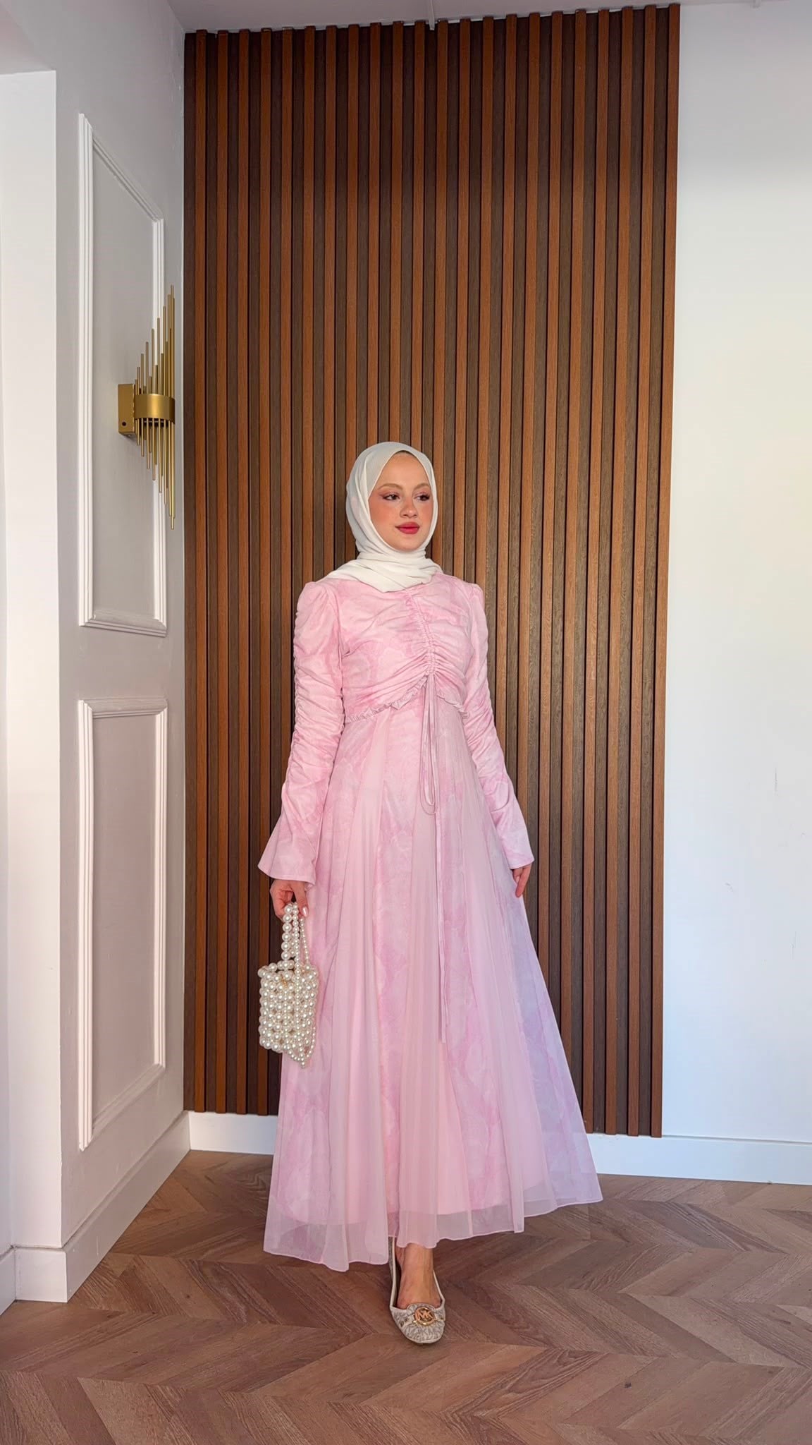 MEYSADESIGN ELBİSELER Lara Baskılı Desenli Şifon Elbise Pudra