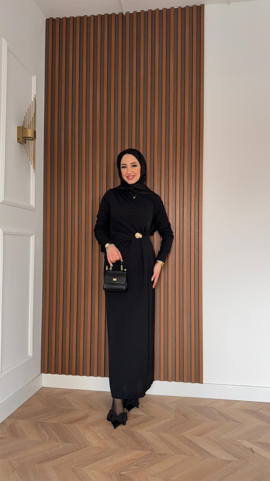 MEYSADESIGN DRESSES Laura Gold Detaylı Krep Elbise Siyah