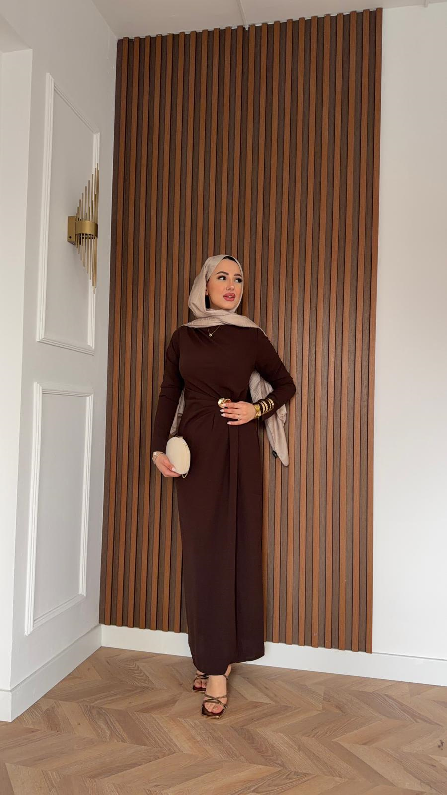 MEYSADESIGN DRESSES Laura Gold Detaylı Krep Elbise Acı Kahve