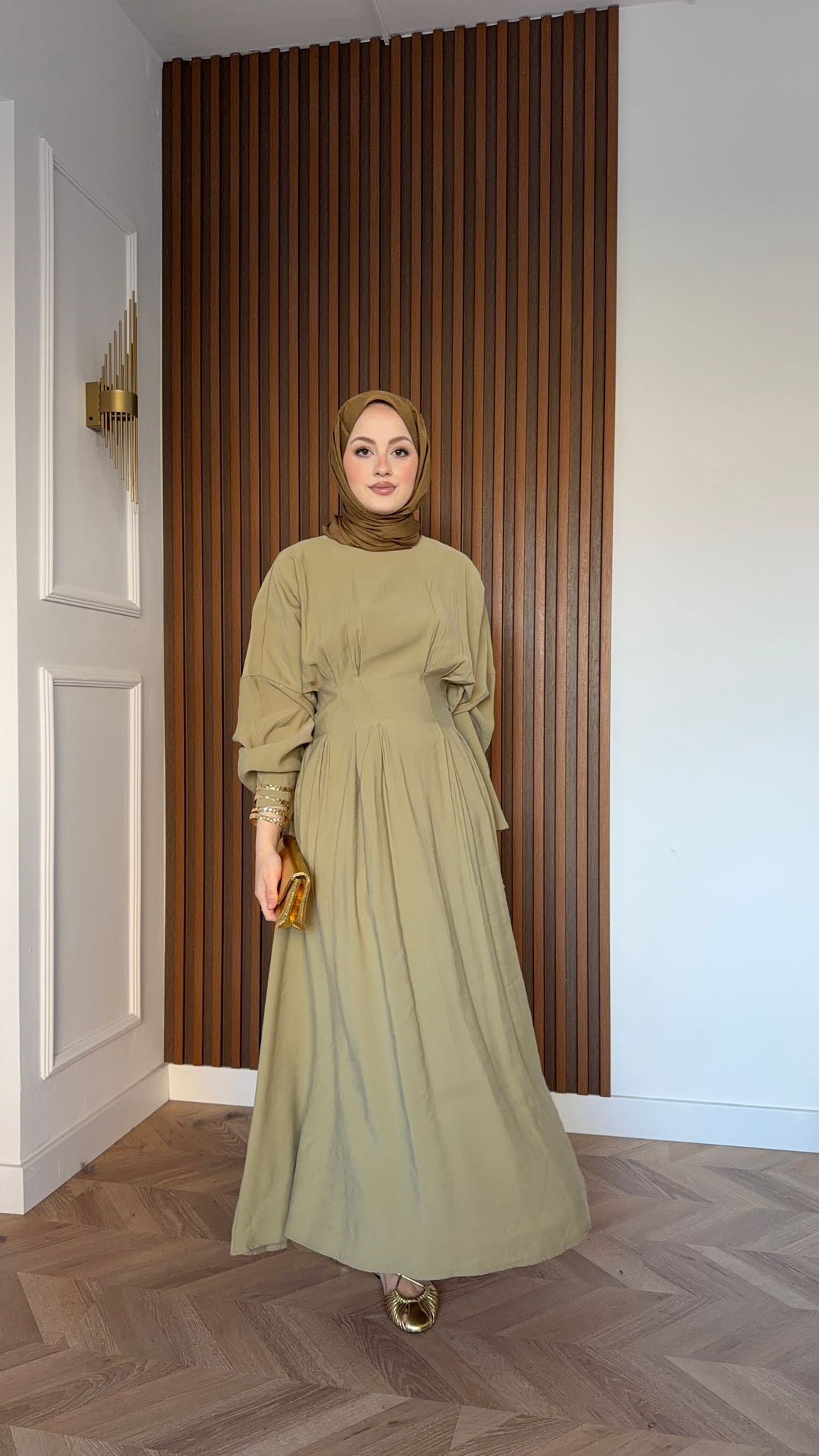 MEYSADESIGN DRESSES Maya Beli Pensli Vual Elbise Yağ Yeşili