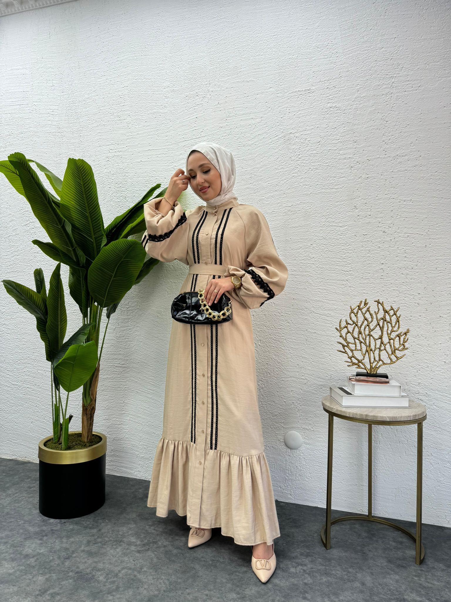 MEYSADESIGN ELBİSELER Modal İşlemeli Elbise Bej