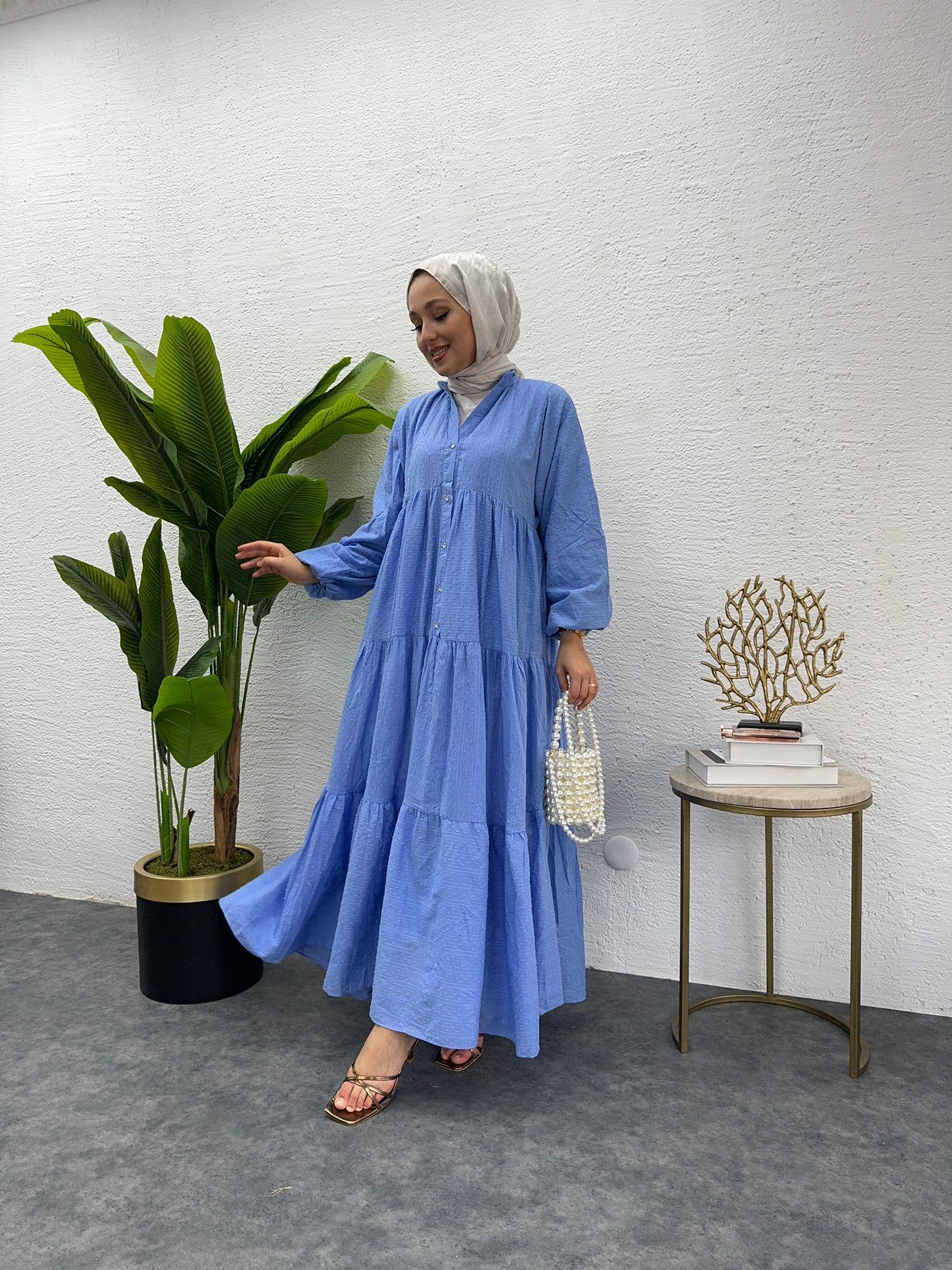 MEYSADESIGN ELBİSELER Önü Düğmeli Keten Elbise Mavi