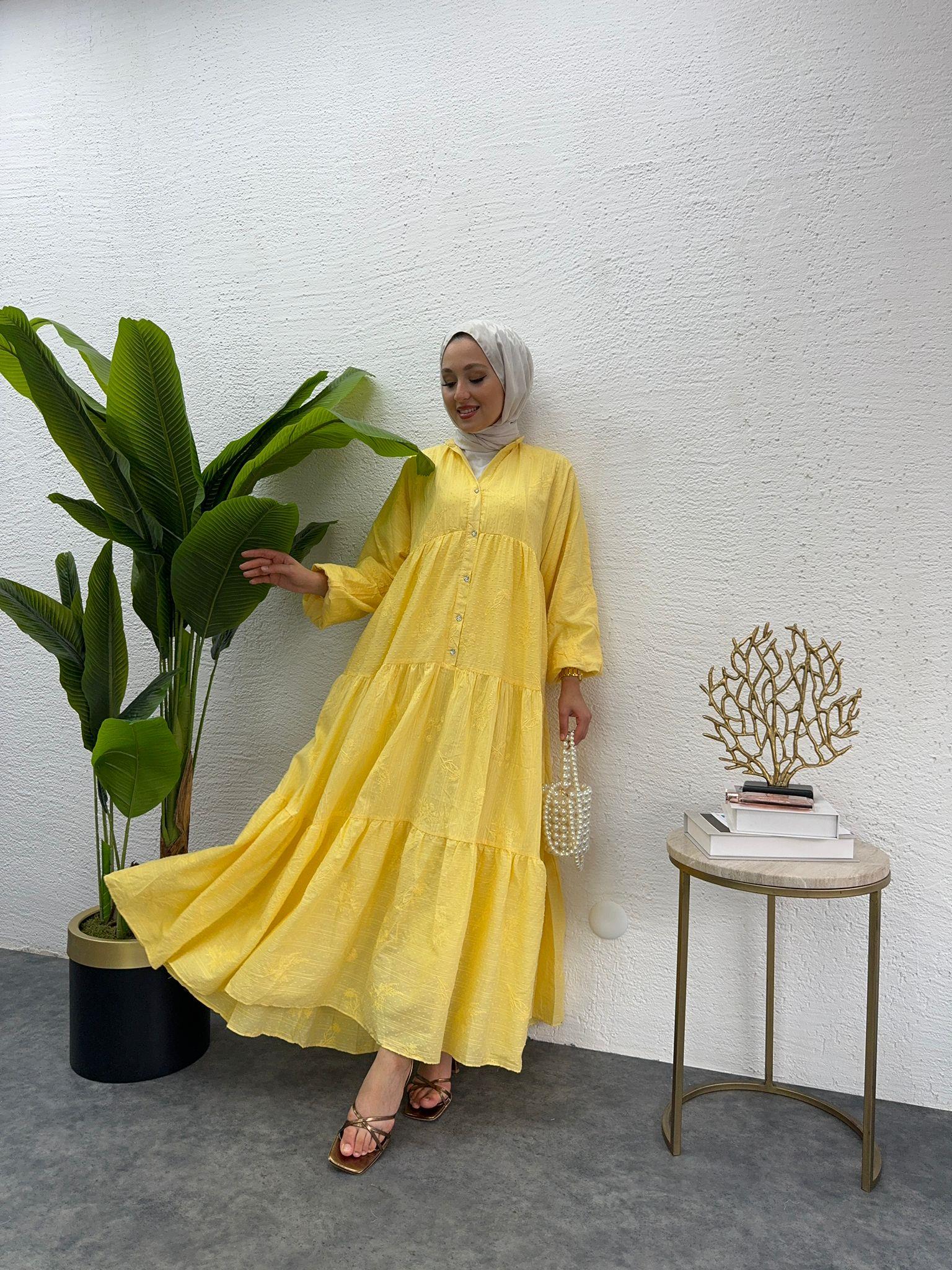 MEYSADESIGN ELBİSELER Önü Düğmeli Keten Elbise Sarı