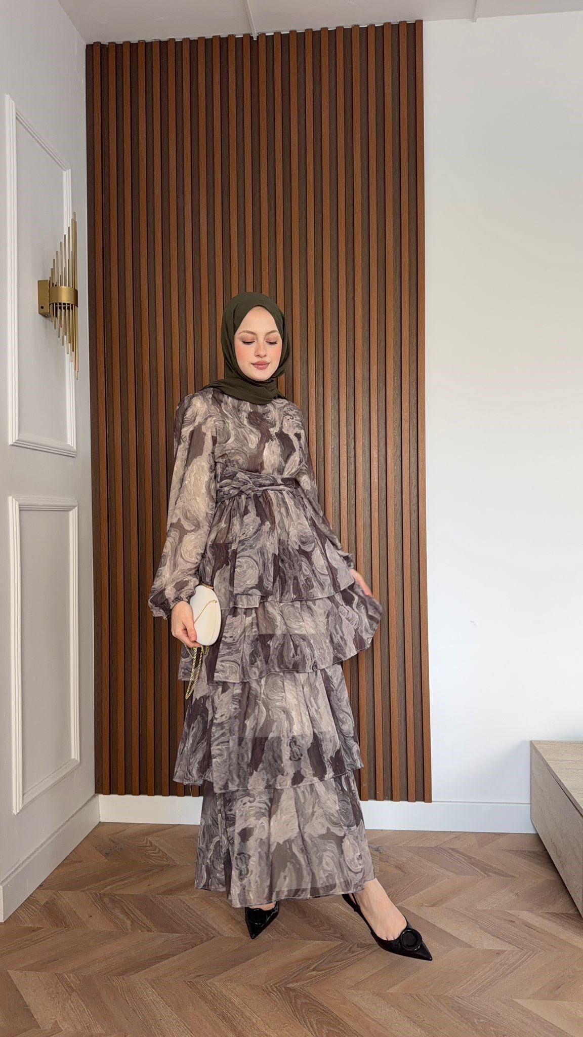 MEYSADESIGN ELBİSELER Pastel Desenli Kat Kat Elbise Kahve