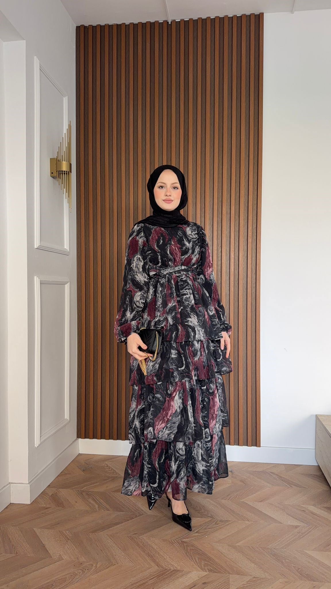 MEYSADESIGN ELBİSELER Pastel Desenli Kat Kat Elbise Siyah