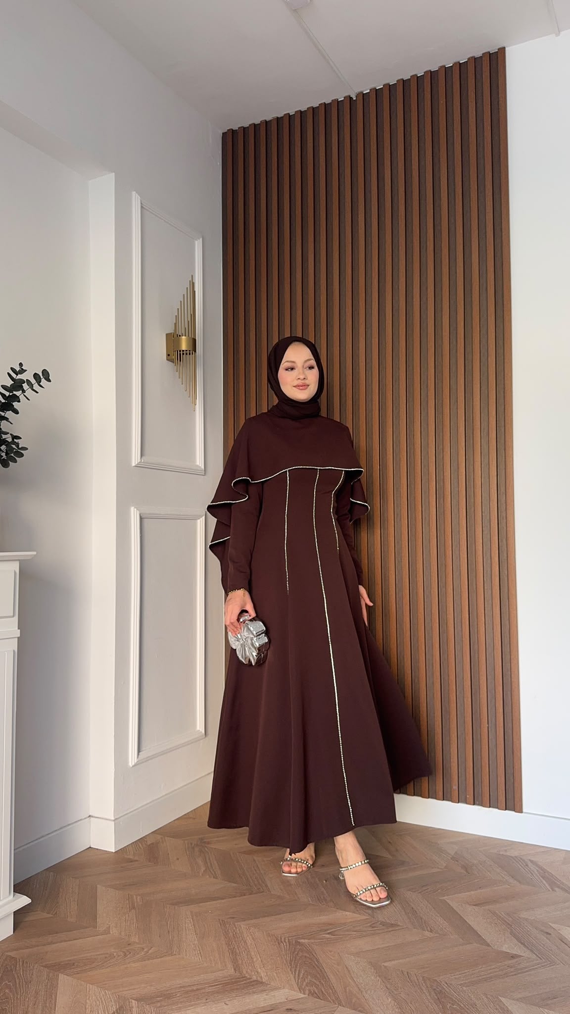 MEYSADESIGN ELBİSELER Pelerinli Taşlı Abiye Acı Kahve