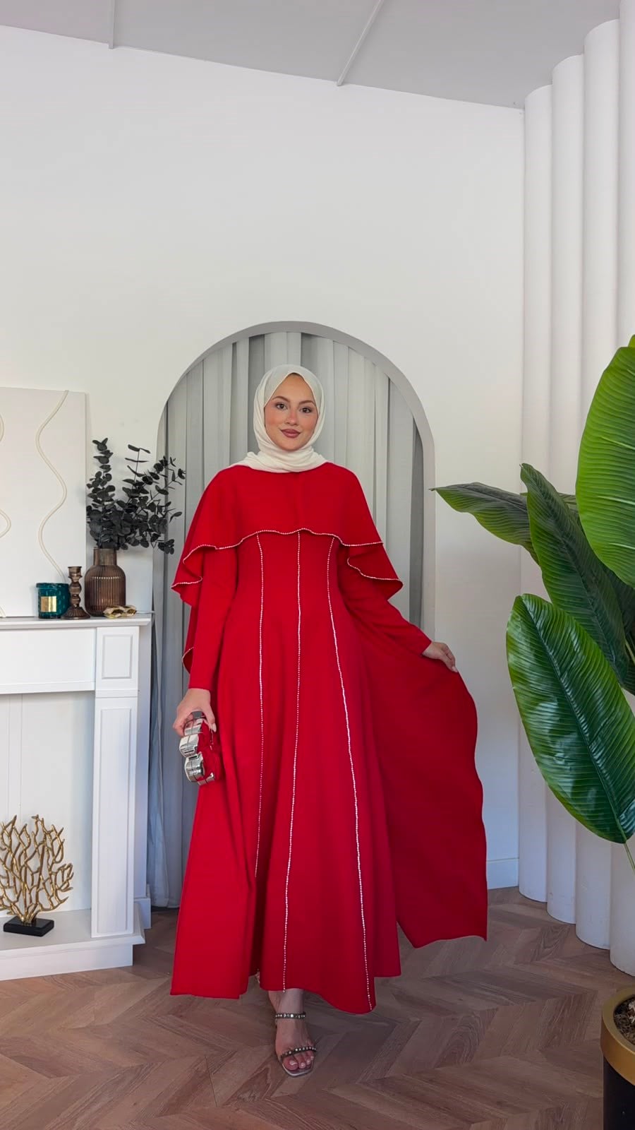 MEYSADESIGN ELBİSELER Pelerinli Taşlı Abiye Kırmızı