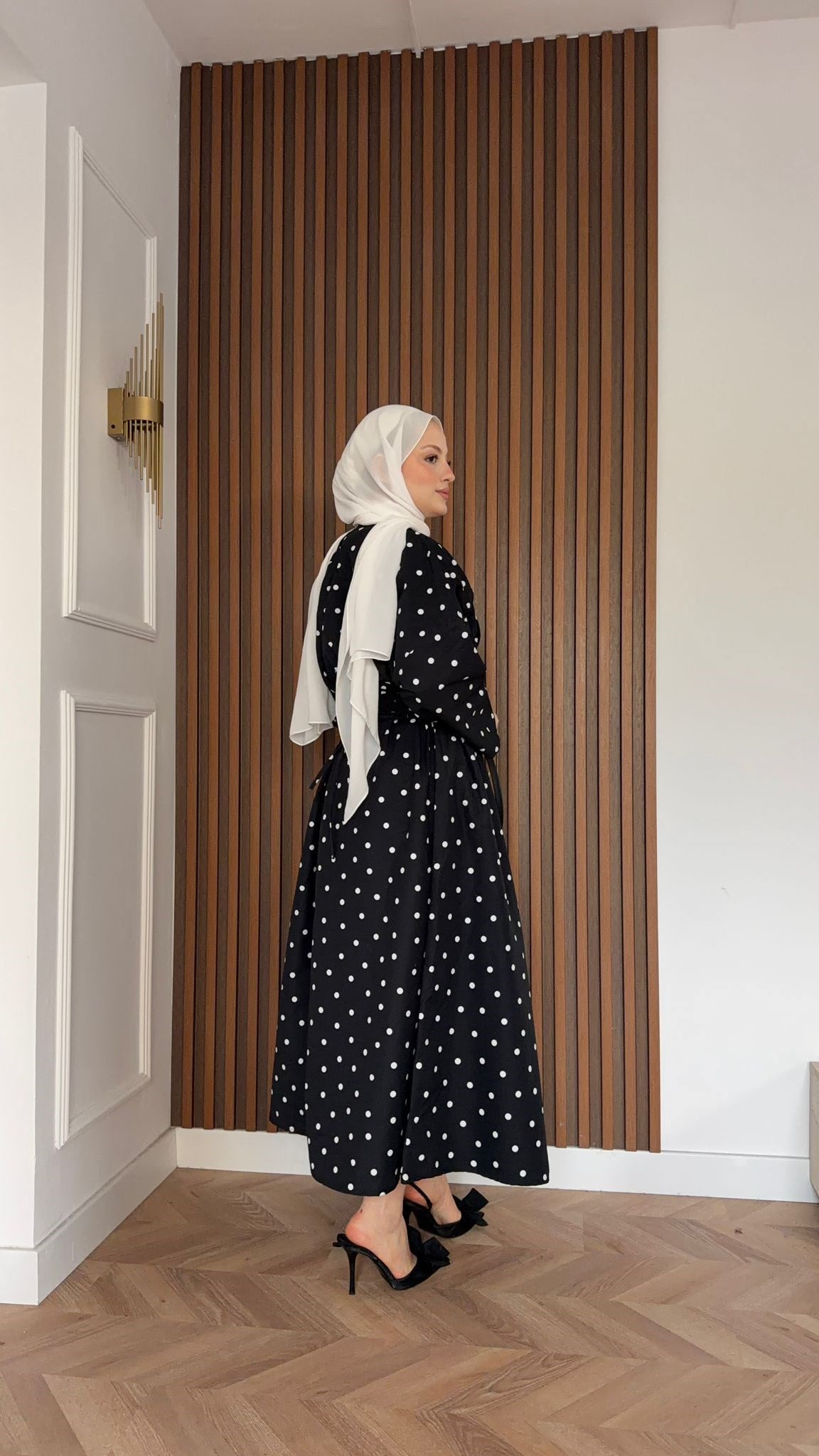 MEYSADESIGN ELBİSELER Puantiyeli Beli Pensli Elbise Siyah