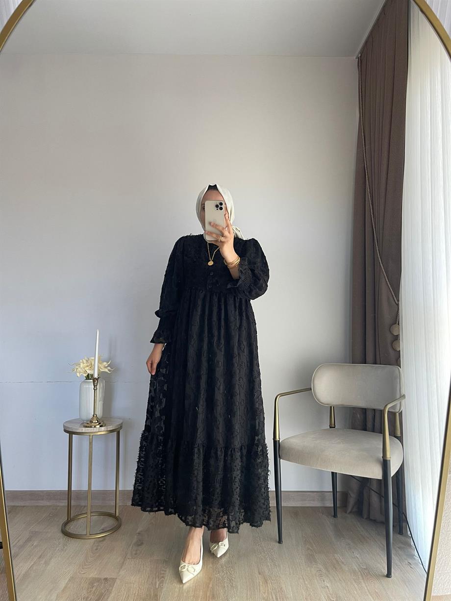 MEYSADESIGN ELBİSELER Püskül Detaylı Şifon Elbise Siyah