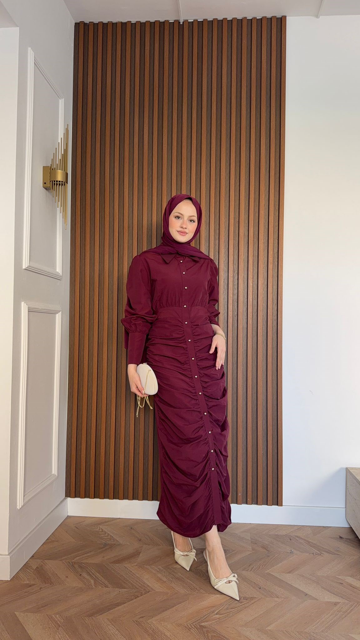MEYSADESIGN ELBİSELER Retro Büzgülü Elbise Bordo