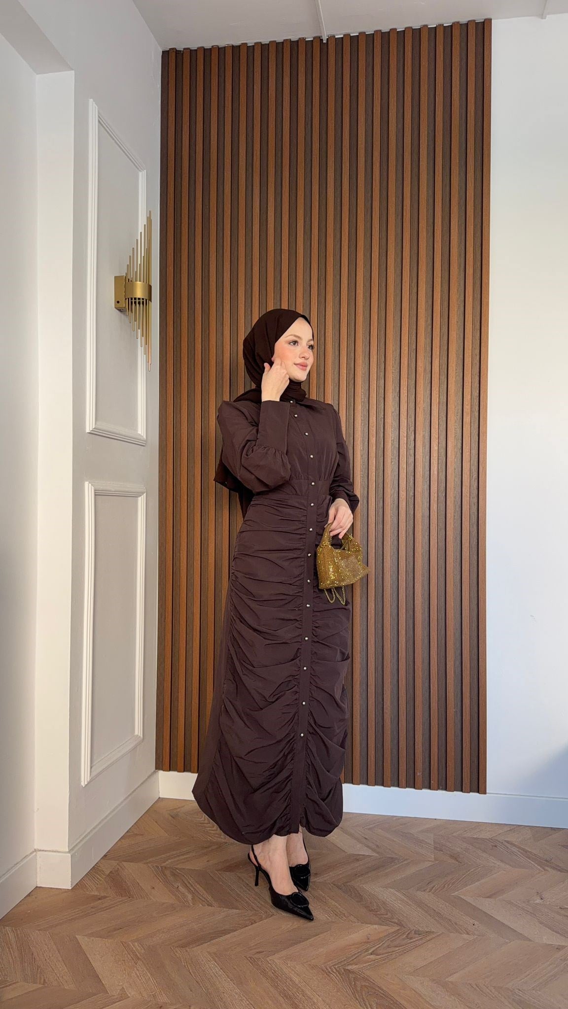 MEYSADESIGN ELBİSELER Retro Büzgülü Elbise Acı Kahve