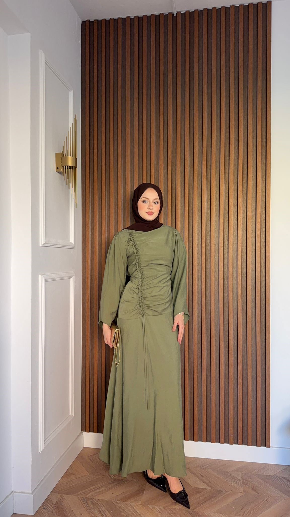 MEYSADESIGN DRESSES Selvi Büzgülü Tensel Elbise Haki