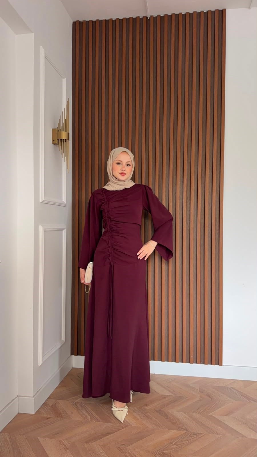 MEYSADESIGN ELBİSELER Selvi Büzgülü Tensel Elbise Bordo
