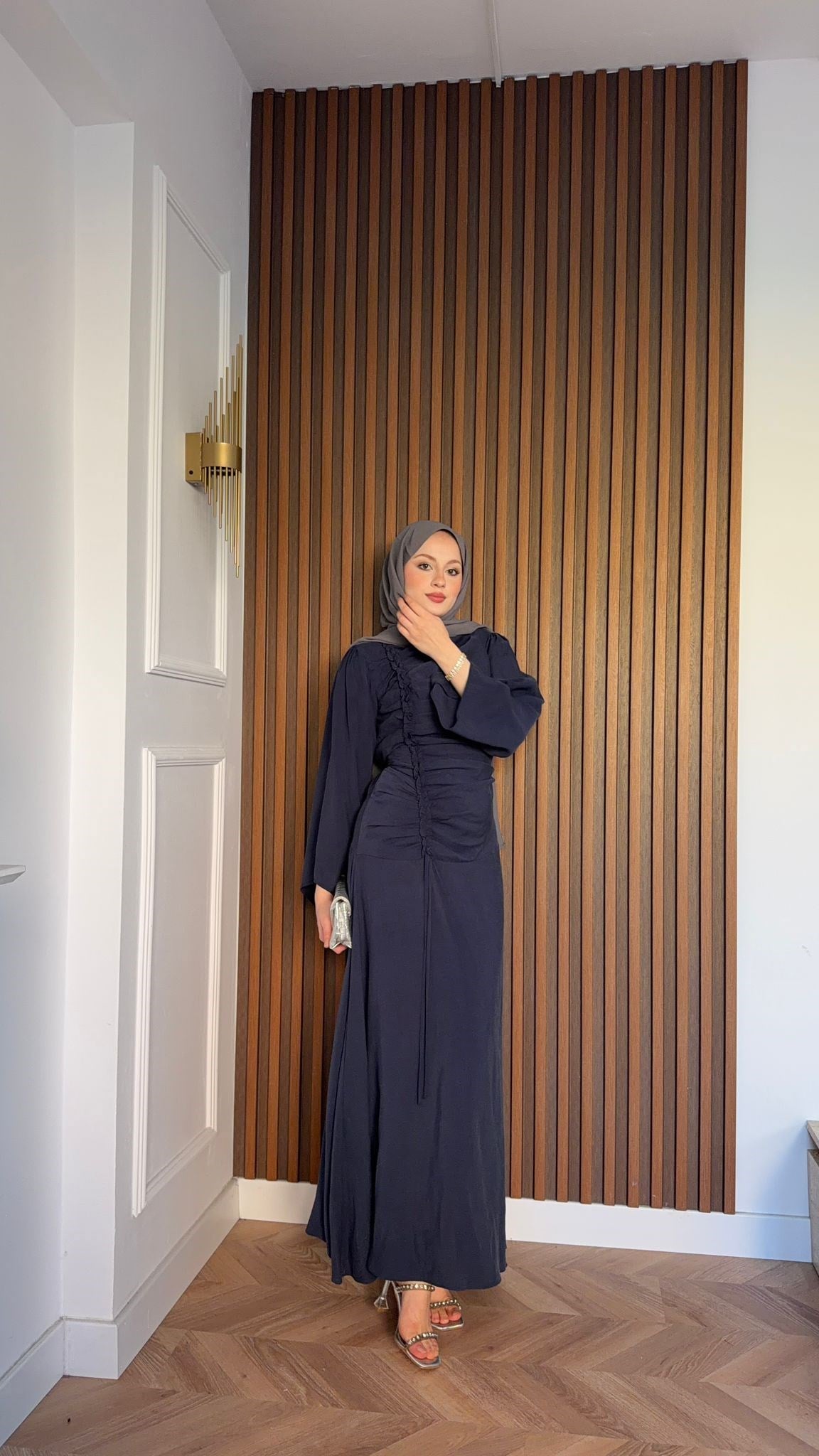MEYSADESIGN ELBİSELER Selvi Büzgülü Tensel Elbise Lacivert