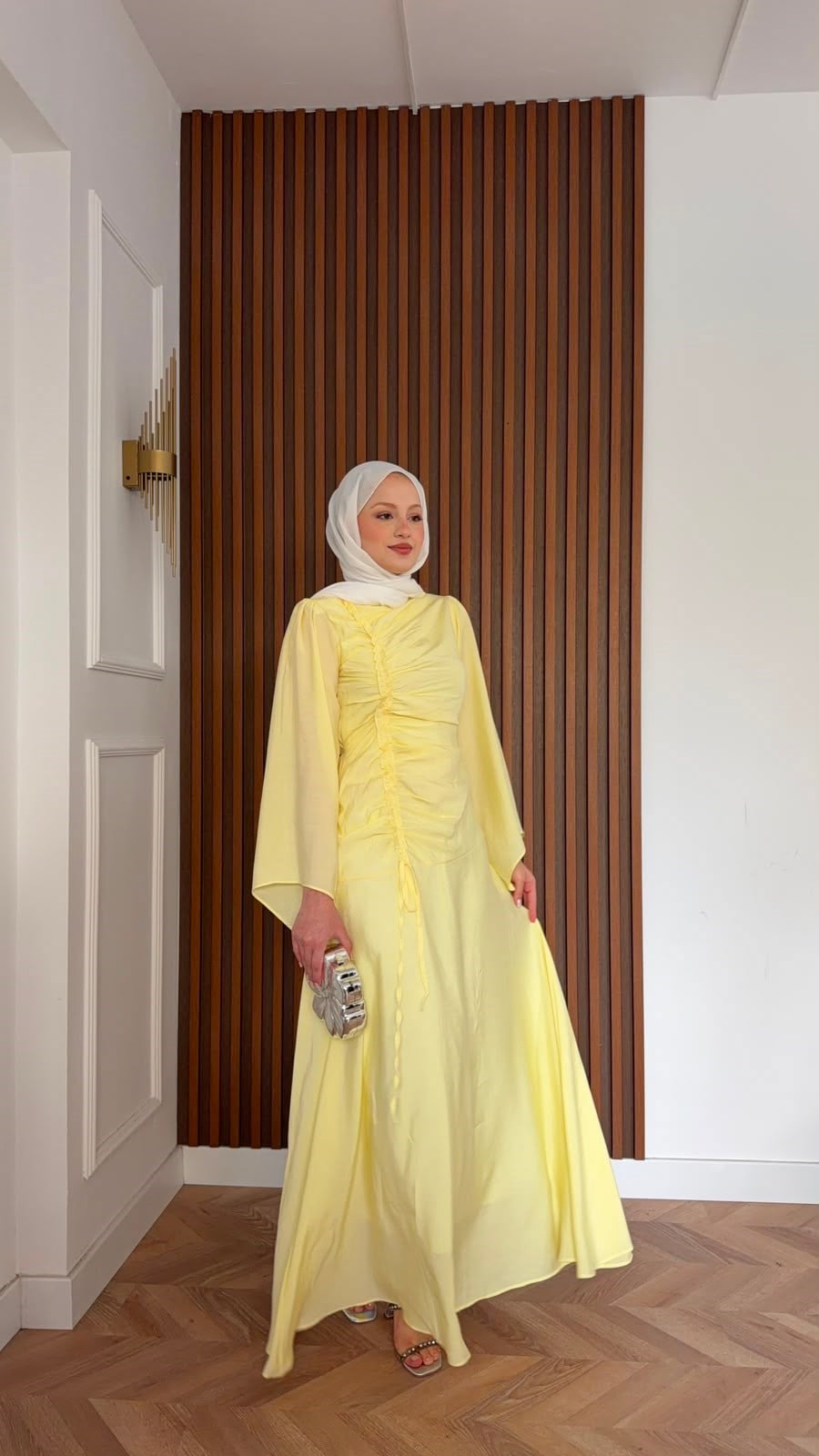 MEYSADESIGN ELBİSELER Selvi Büzgülü Tensel Elbise Sarı