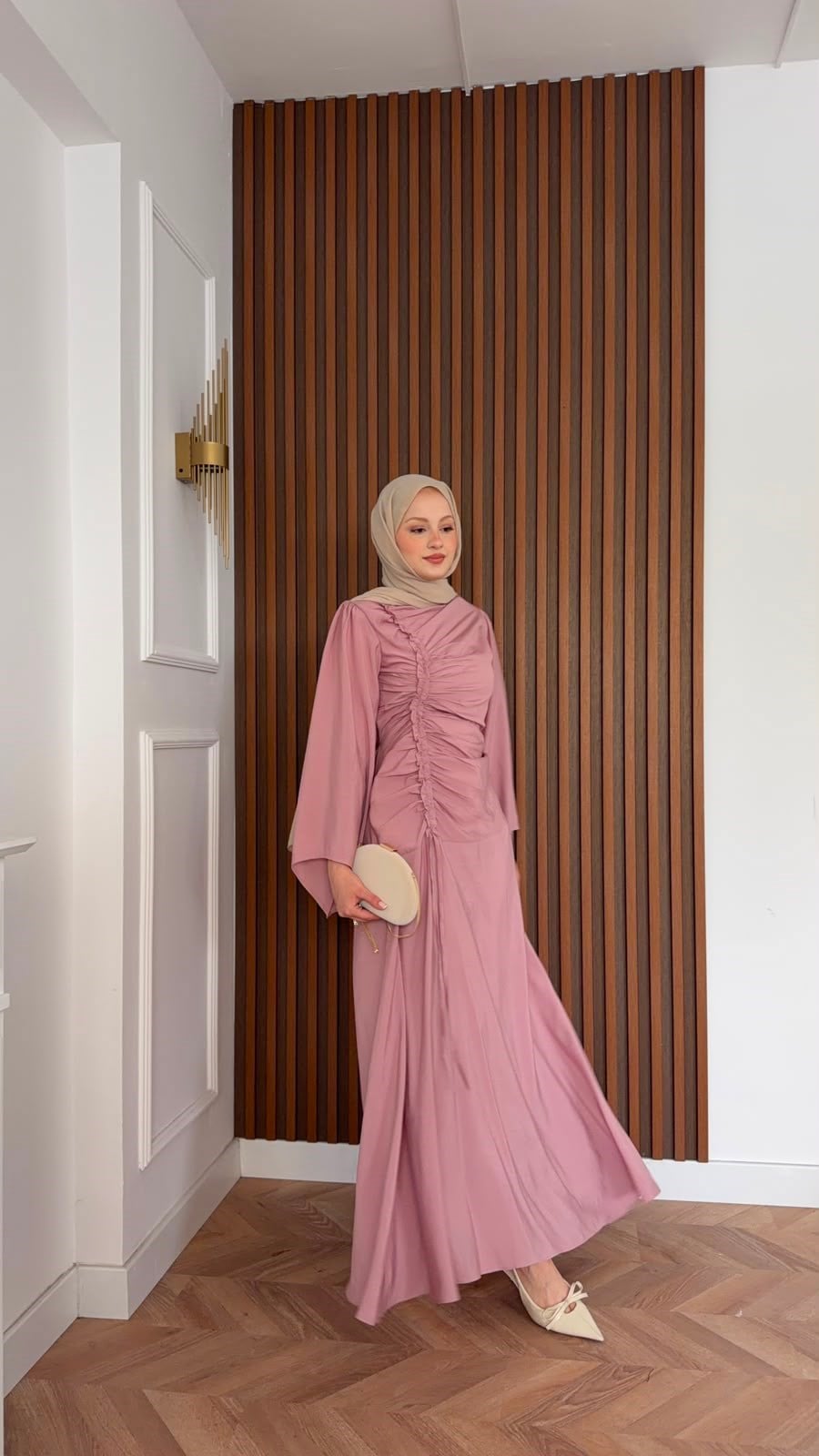 MEYSADESIGN ELBİSELER Selvi Büzgülü Tensel Elbise Gül Kurusu