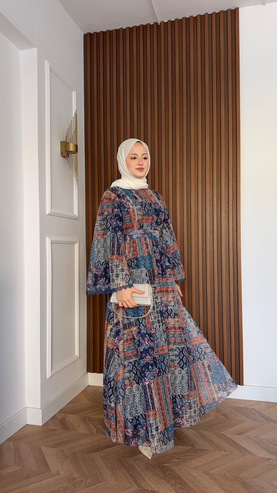 MEYSADESIGN ELBİSELER Sofa Desenli Güpür Elbise Lacivert