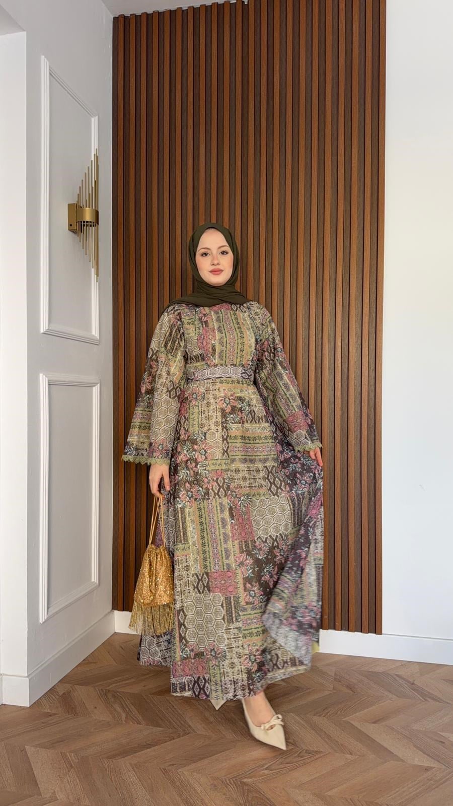 MEYSADESIGN ELBİSELER Sofa Desenli Güpür Elbise Haki