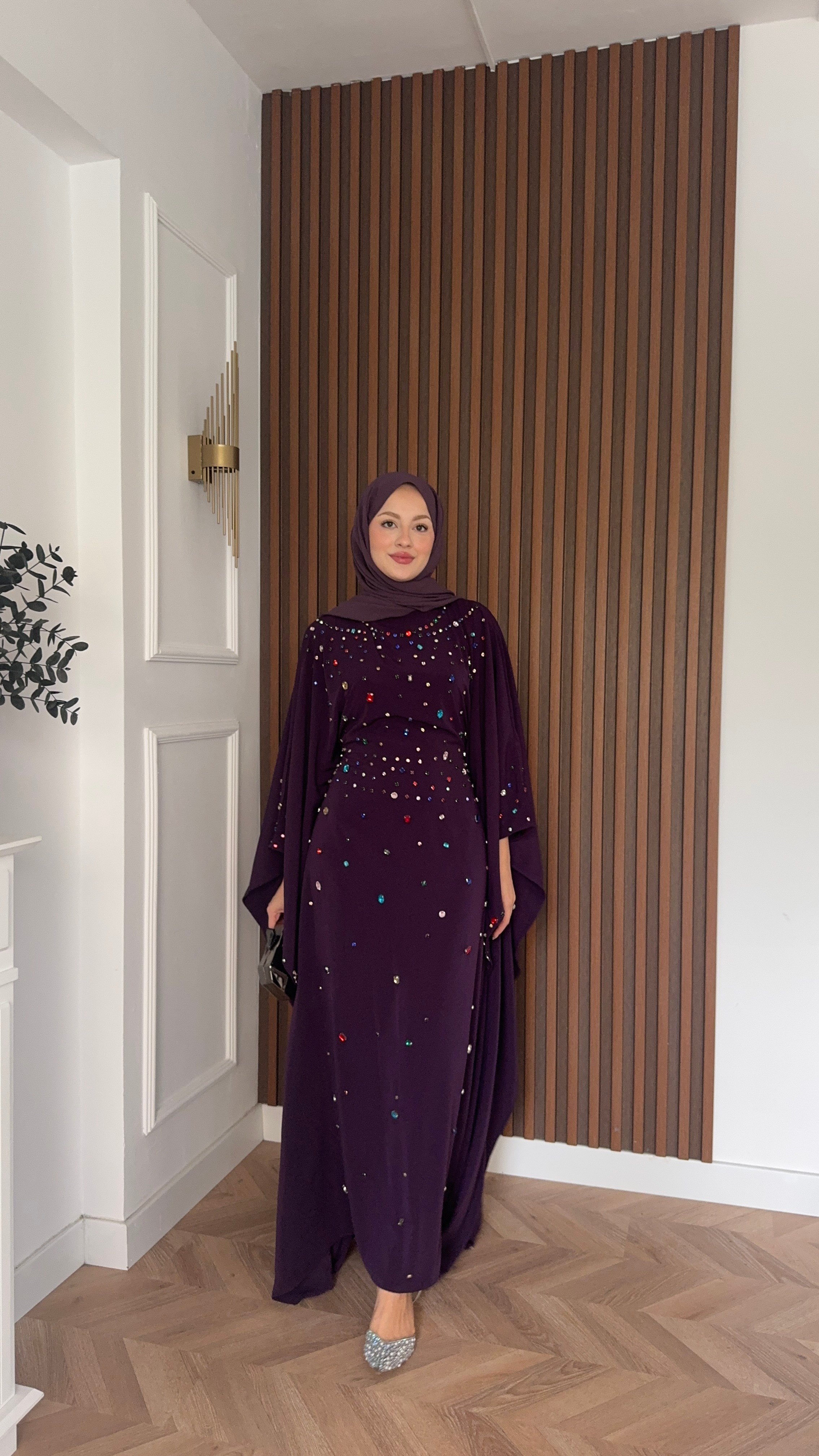 MEYSADESIGN ELBİSELER Tasarım Taşlı Sisi Yarasa Kol Abaya Mor