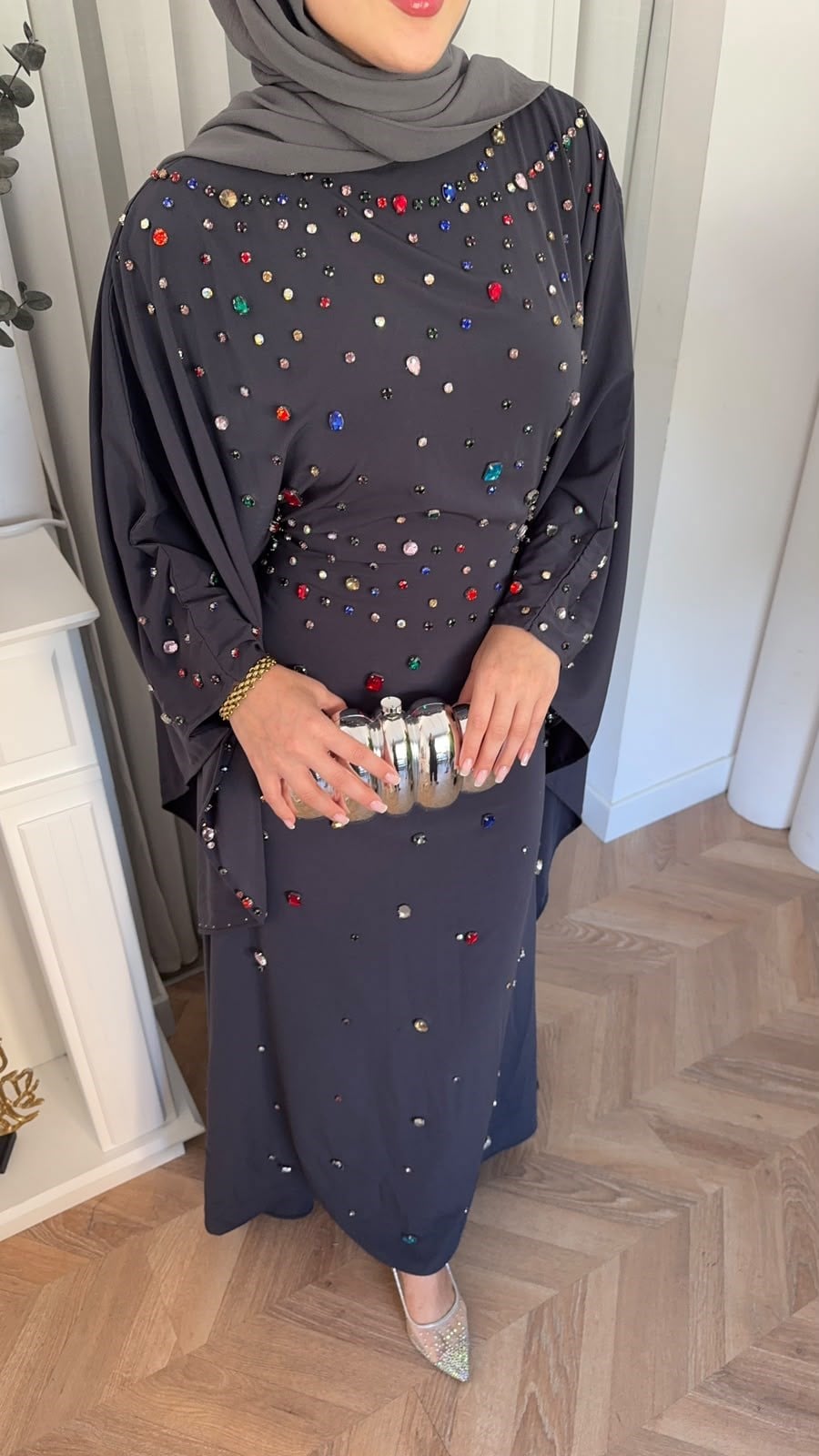 MEYSADESIGN ELBİSELER Tasarım Taşlı Sisi Yarasa Kol Abaya Antrasit