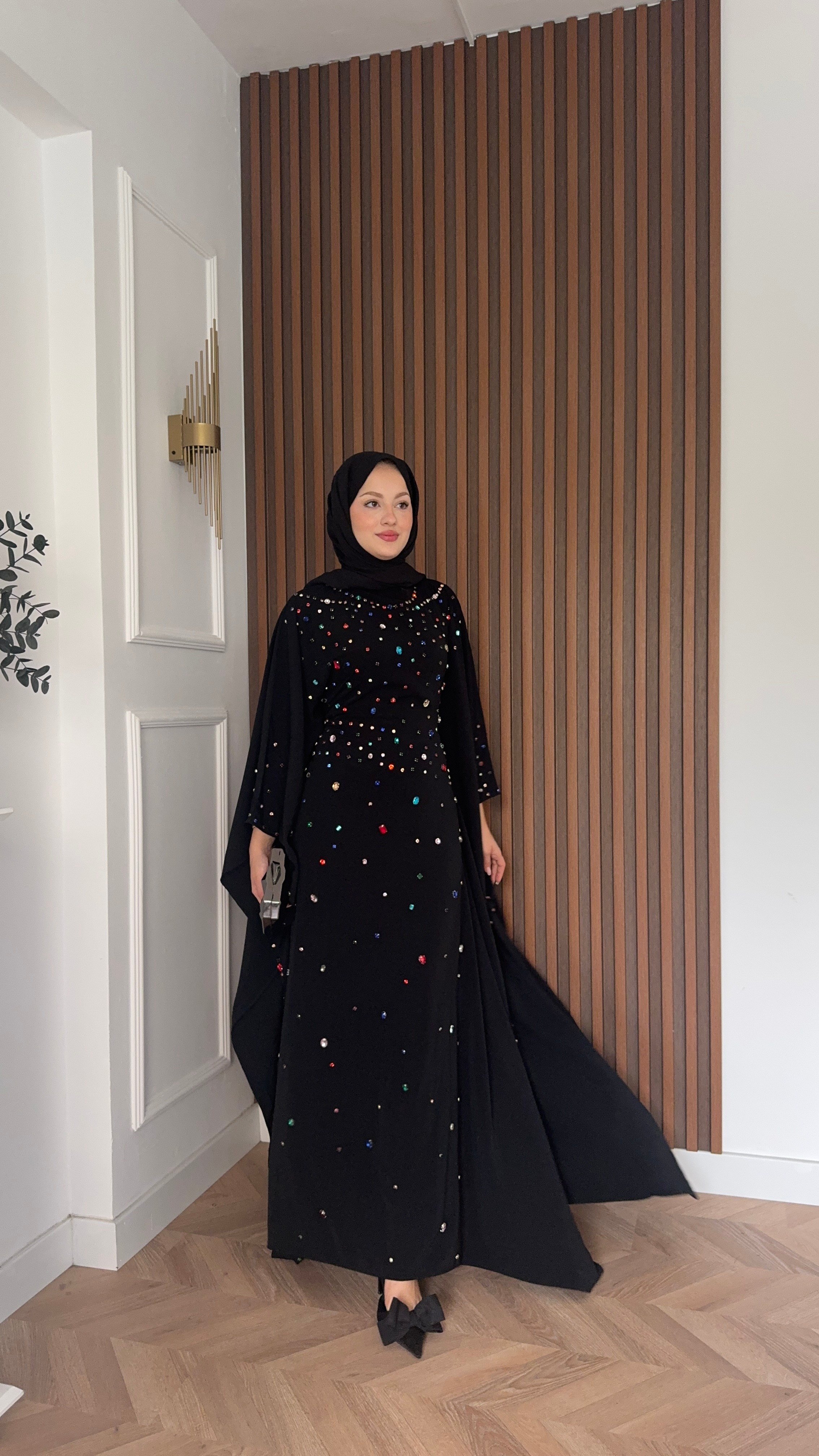 MEYSADESIGN ELBİSELER Tasarım Taşlı Sisi Yarasa Kol Abaya Siyah