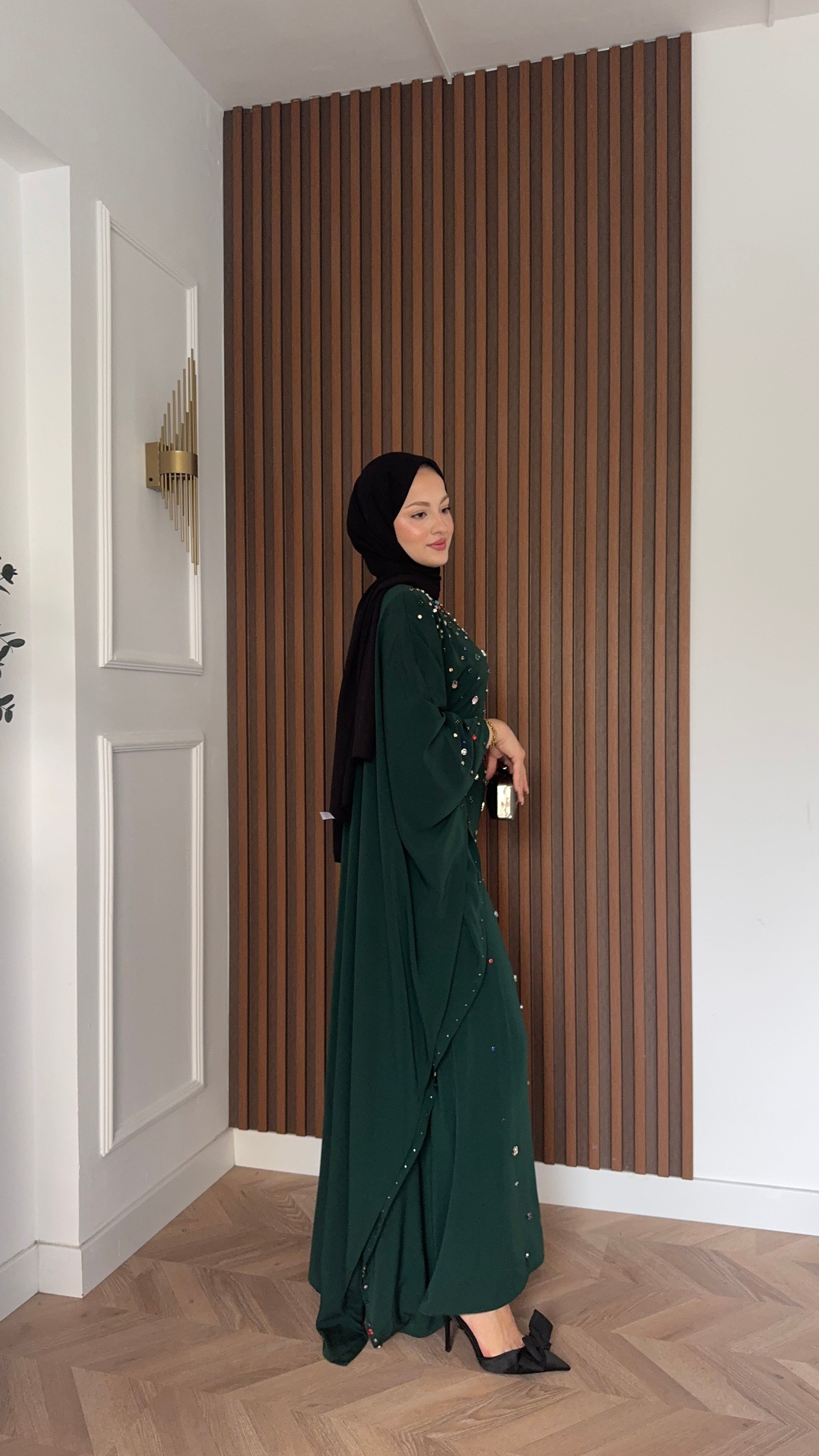 MEYSADESIGN ELBİSELER Tasarım Taşlı Sisi Yarasa Kol Abaya Zümrüt
