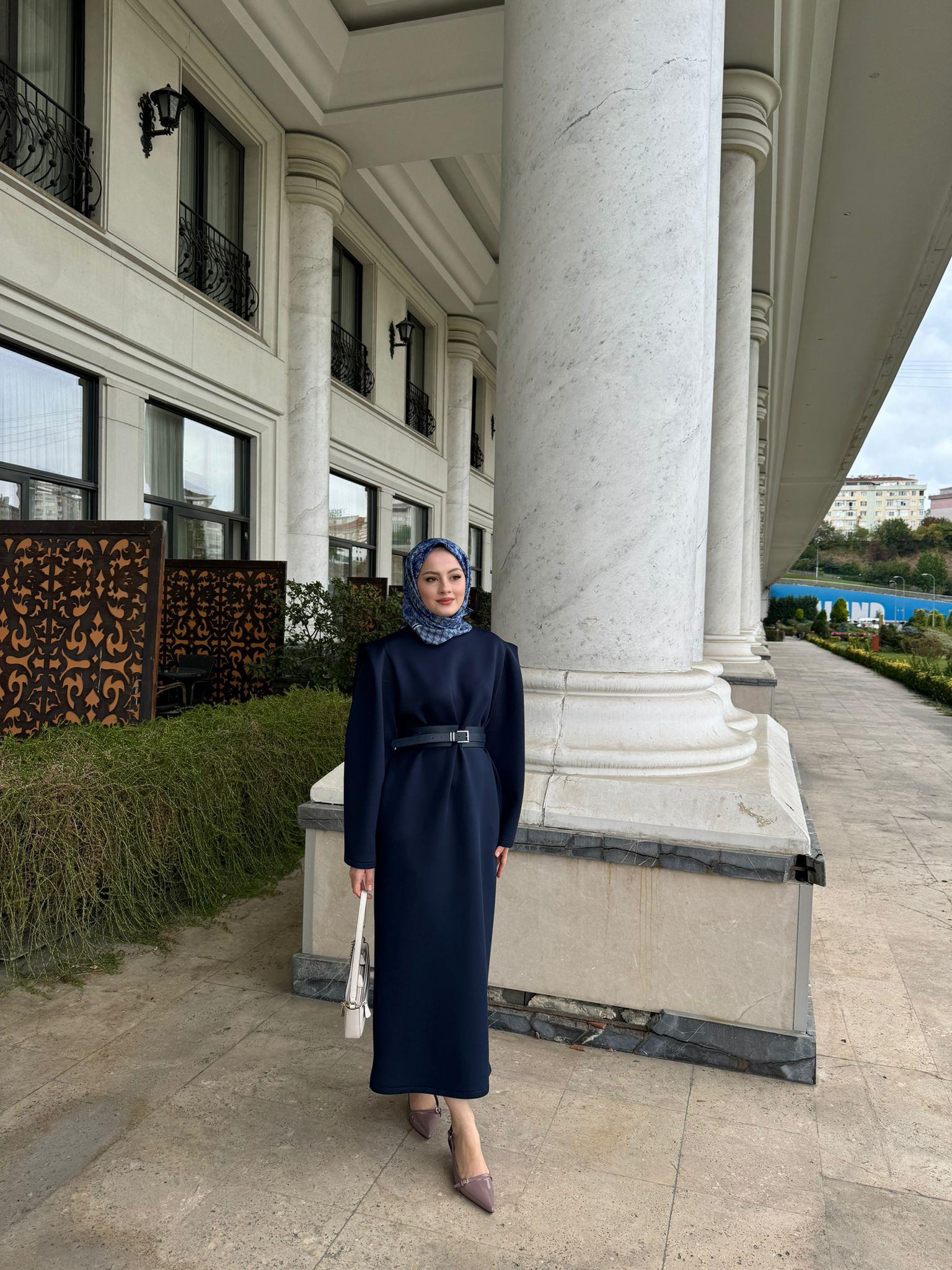 Padded Puff Scuba Fabric Dress Navy