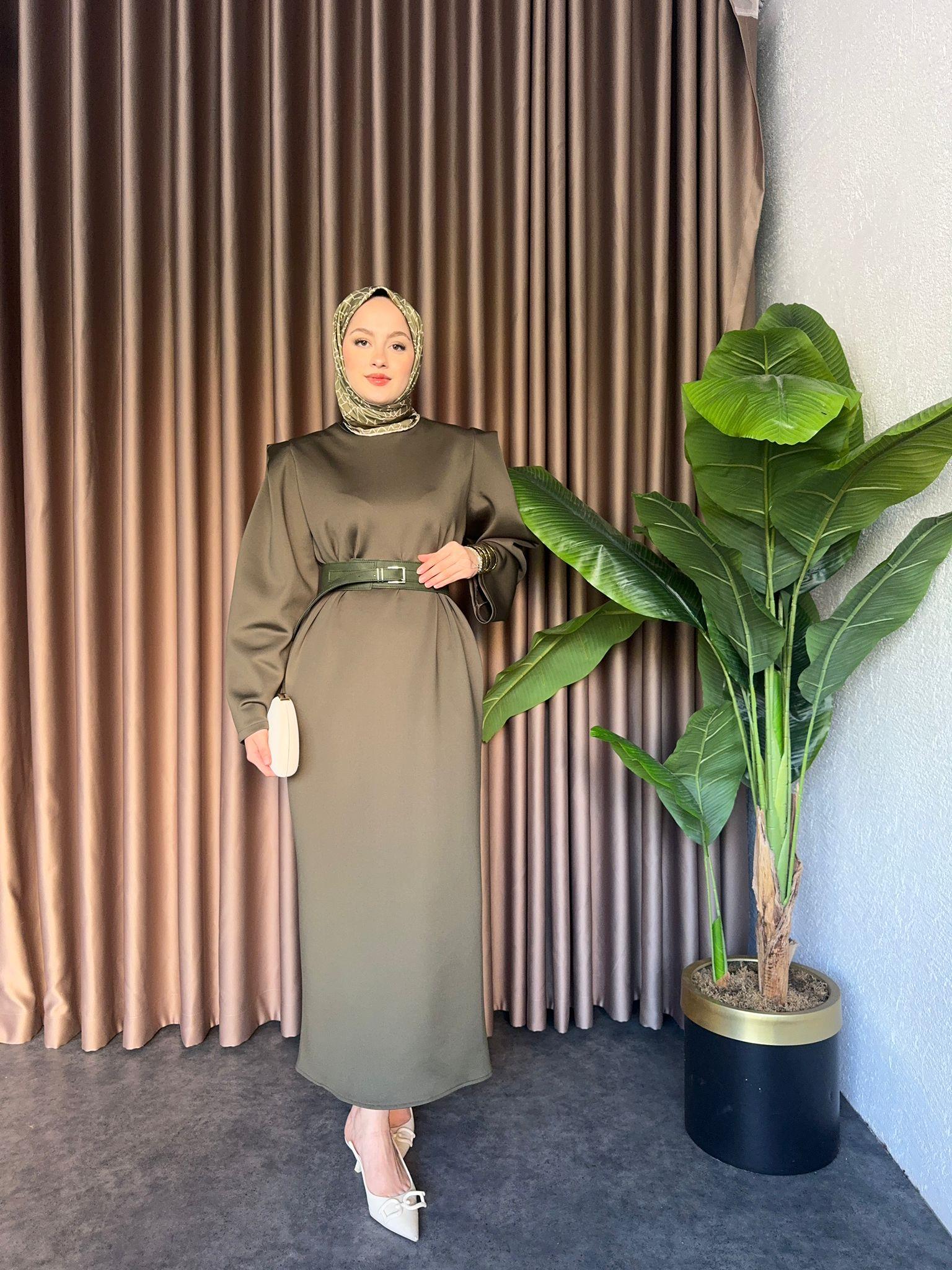 Padded Puff Scuba Fabric Dress Khaki