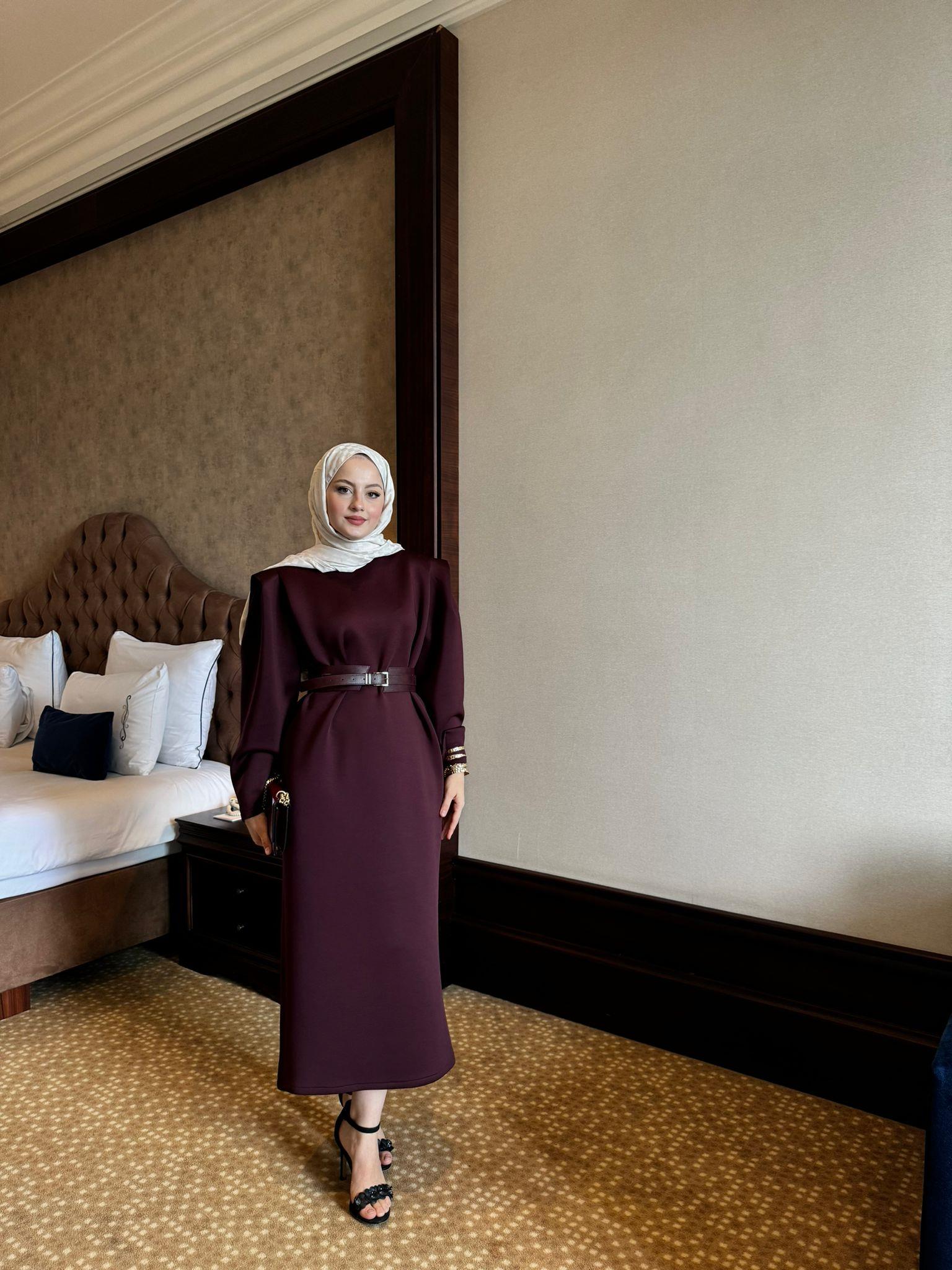 Padded Puff Scuba Fabric Dress Burgundy