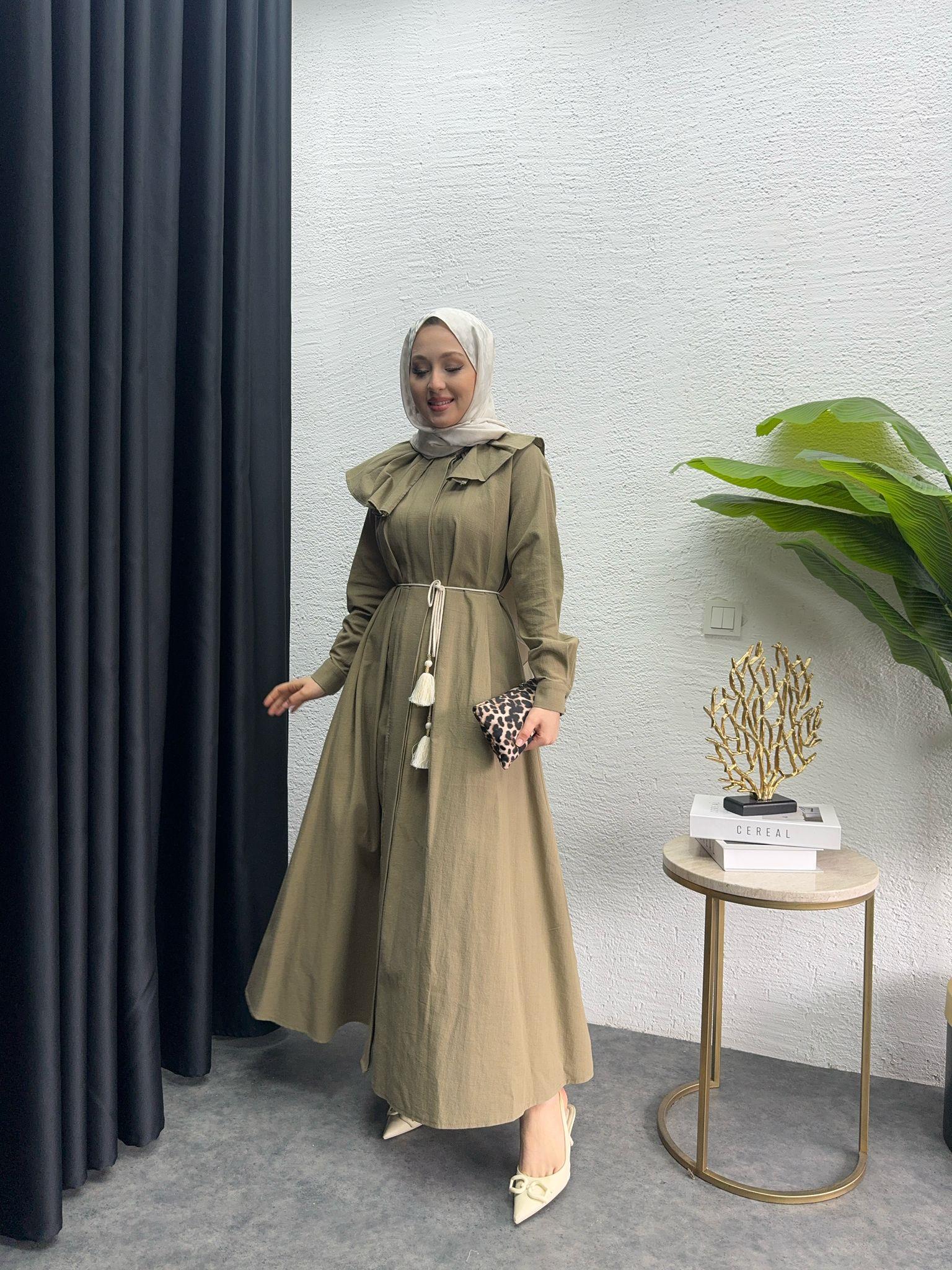 Collar Belted Linen Dress Oil Green