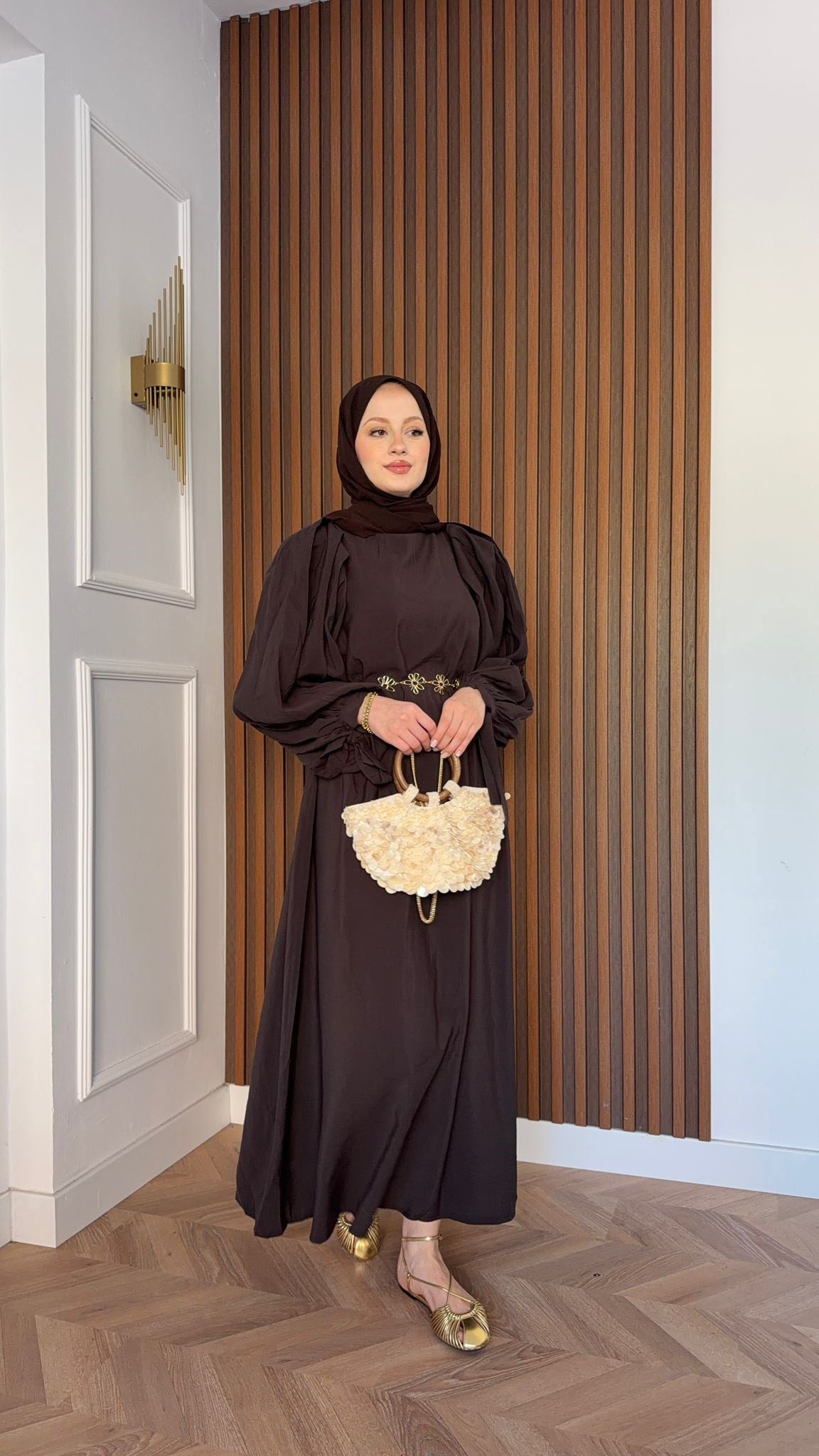 MEYSADESIGN ELBİSELER Zincir Kemerli Balon Kol Tensel Elbise Acı Kahve
