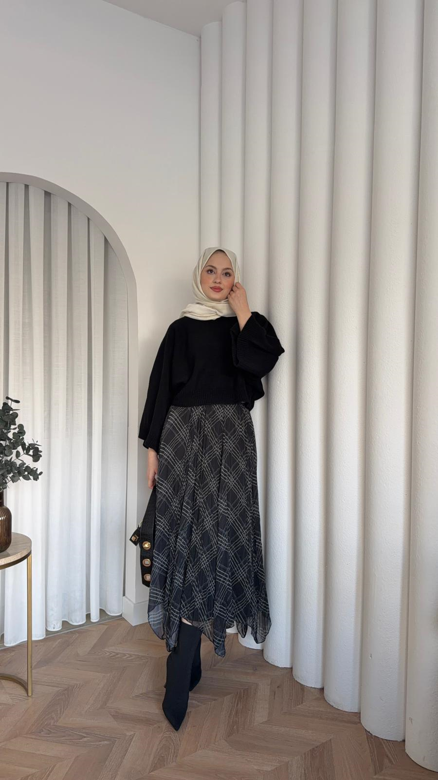 MEYSADESIGN SKIRTS Ekose Şifon Asimetrik Etek Gri
