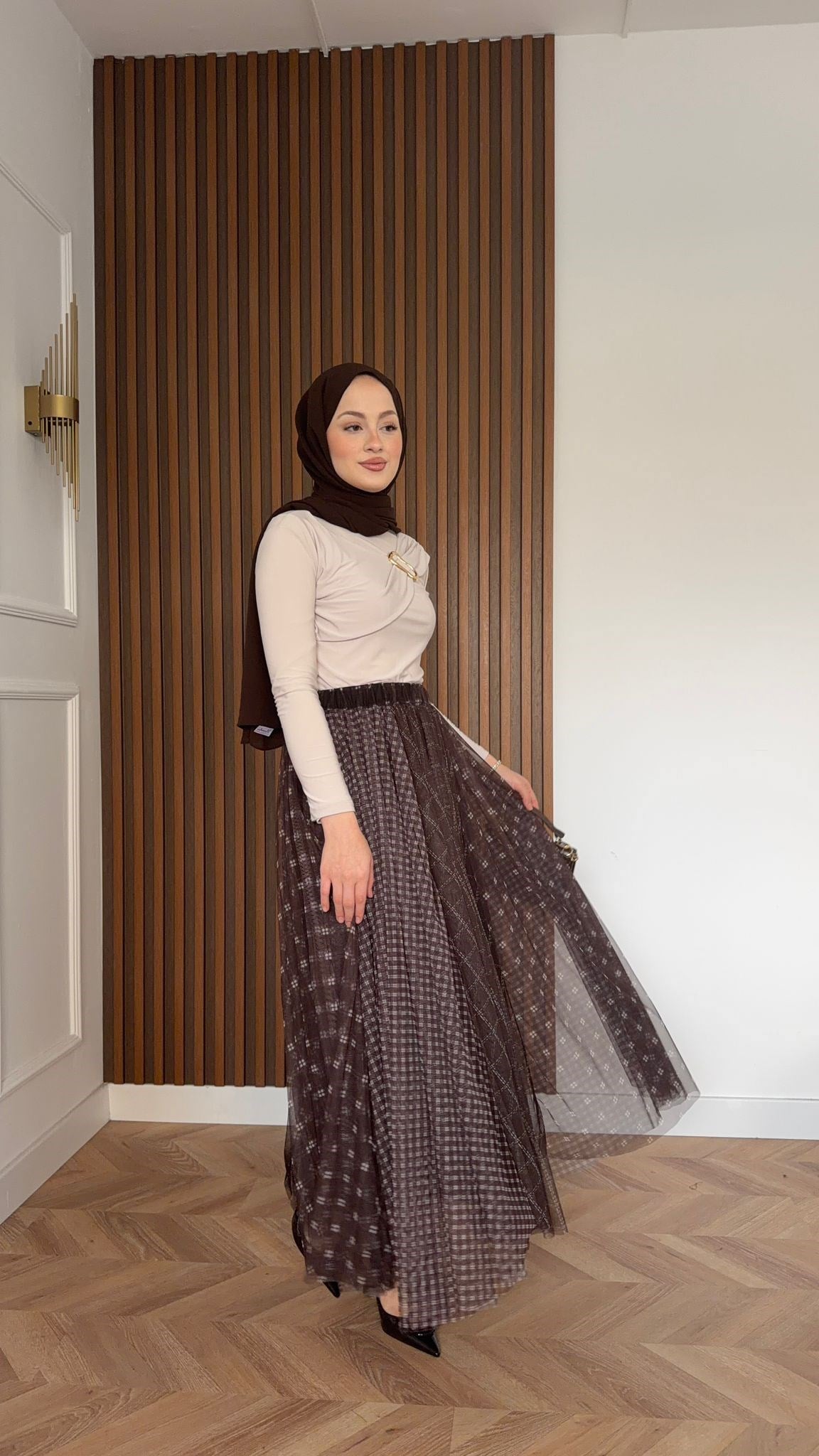 MEYSADESIGN SKIRTS Eva Ekoseli Tül Etek Acı Kahve